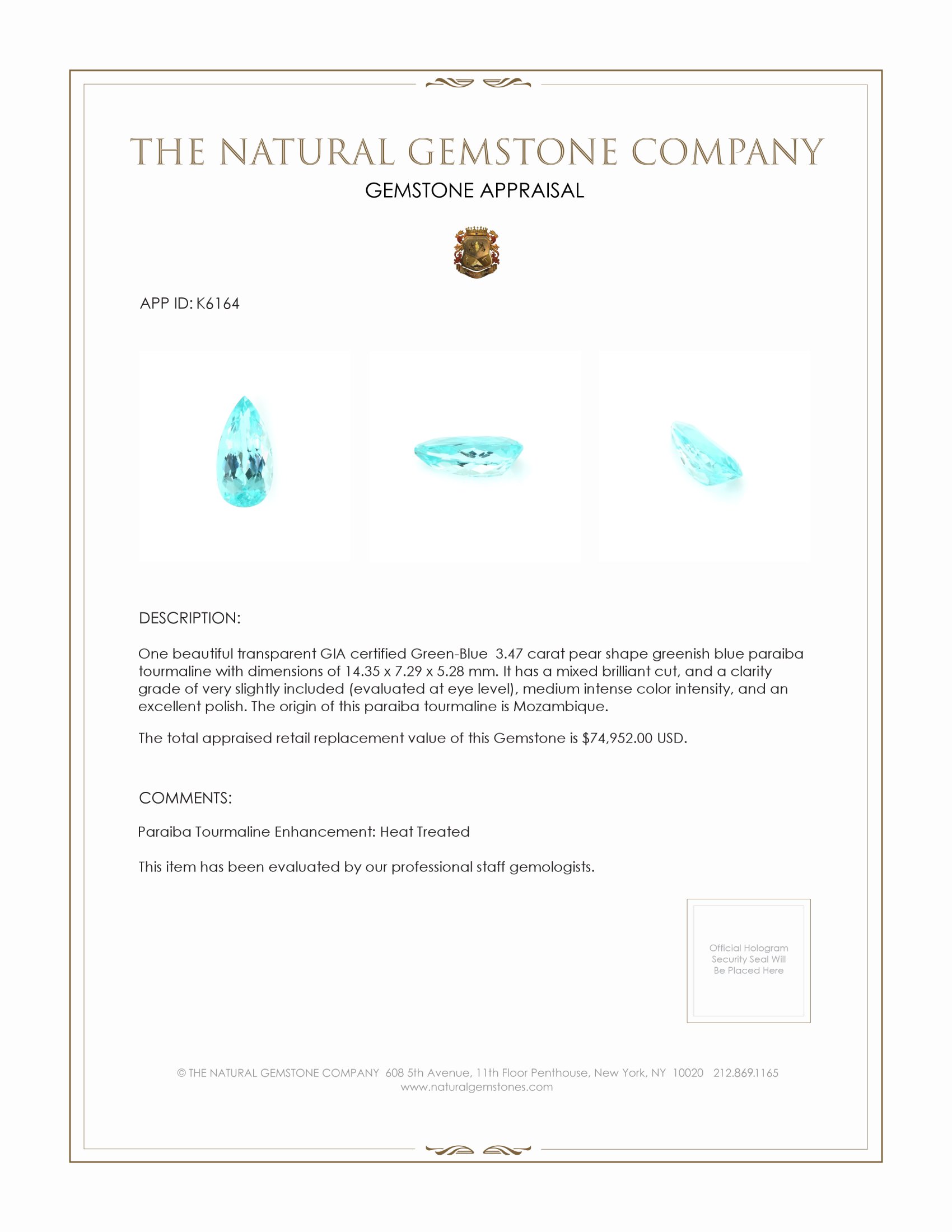 3.47 Ct. Paraiba Tourmaline from Mozambique