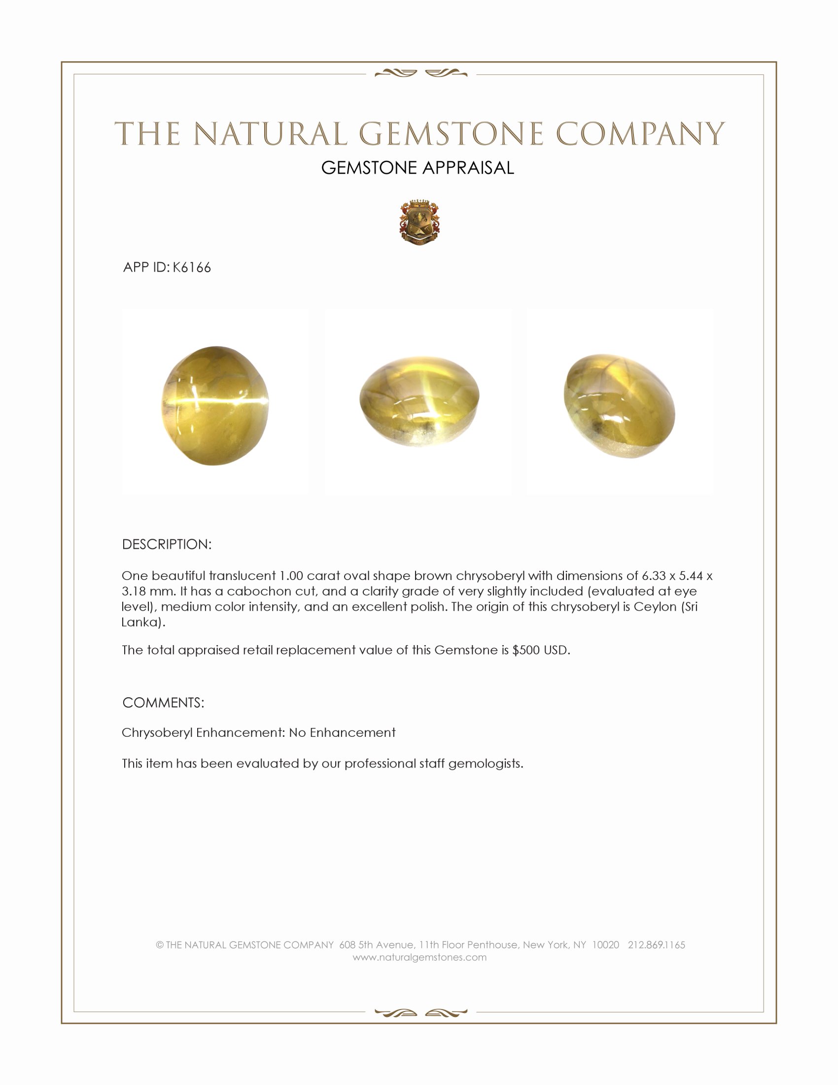 1.00 Ct. Cabochon Chrysoberyl from Ceylon (Sri Lanka)