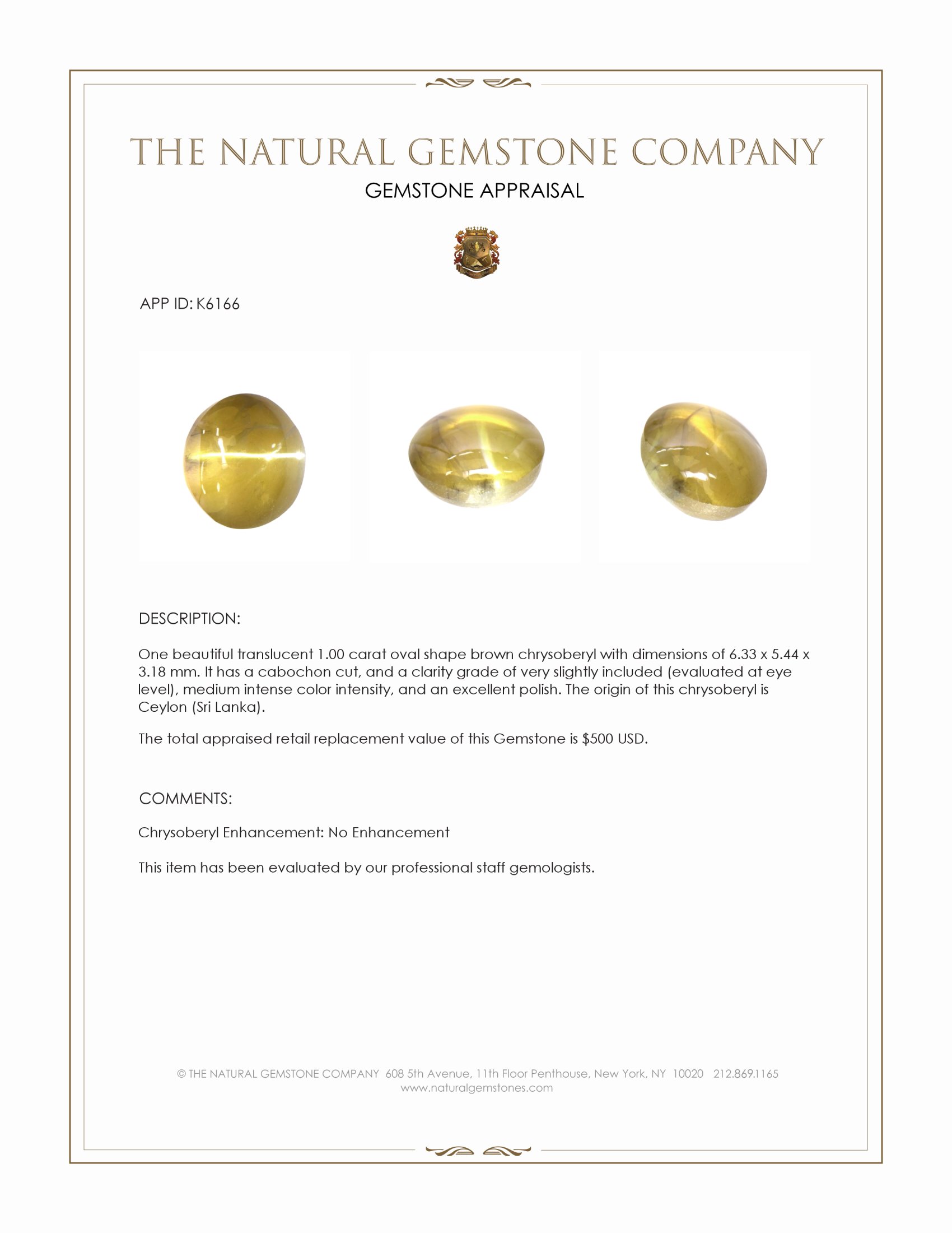 1.00 Ct. Cabochon Chrysoberyl from Ceylon (Sri Lanka)