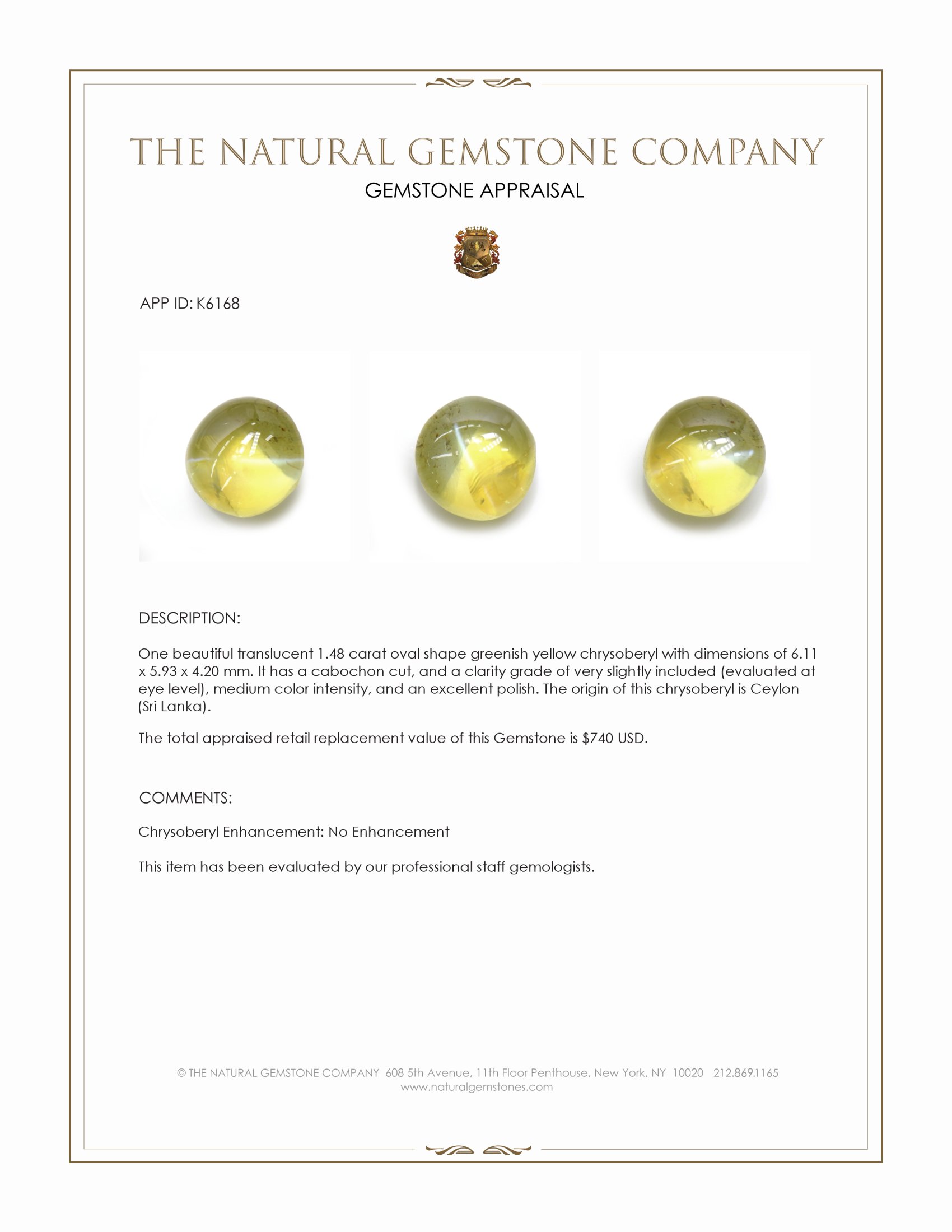 1.48 Ct. Cabochon Chrysoberyl from Ceylon (Sri Lanka)