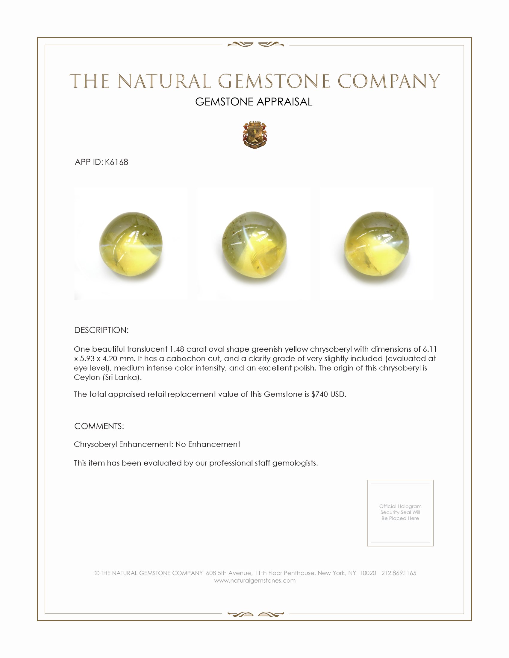 1.48 Ct. Cabochon Chrysoberyl from Ceylon (Sri Lanka)