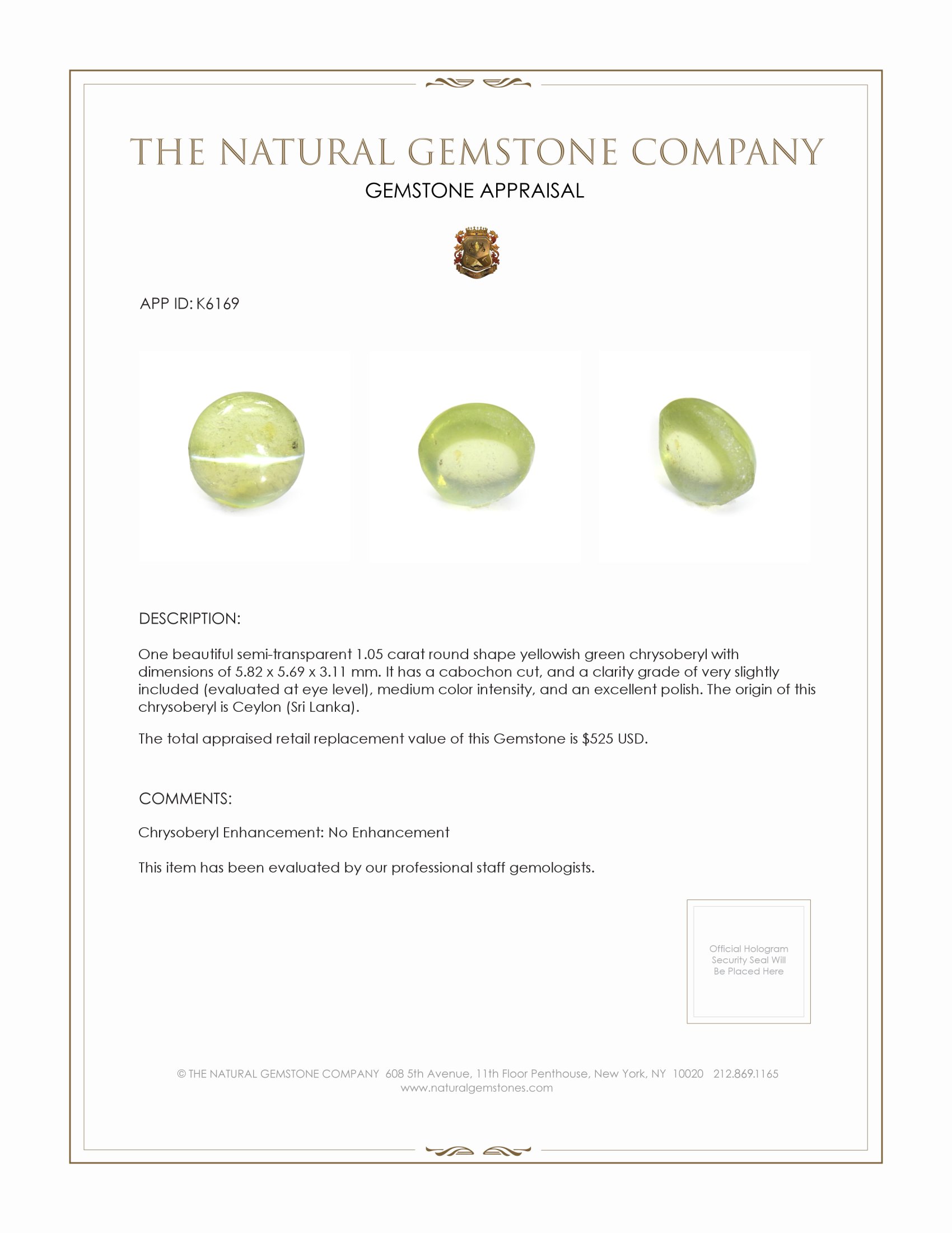 1.05 Ct. Cabochon Chrysoberyl from Ceylon (Sri Lanka)