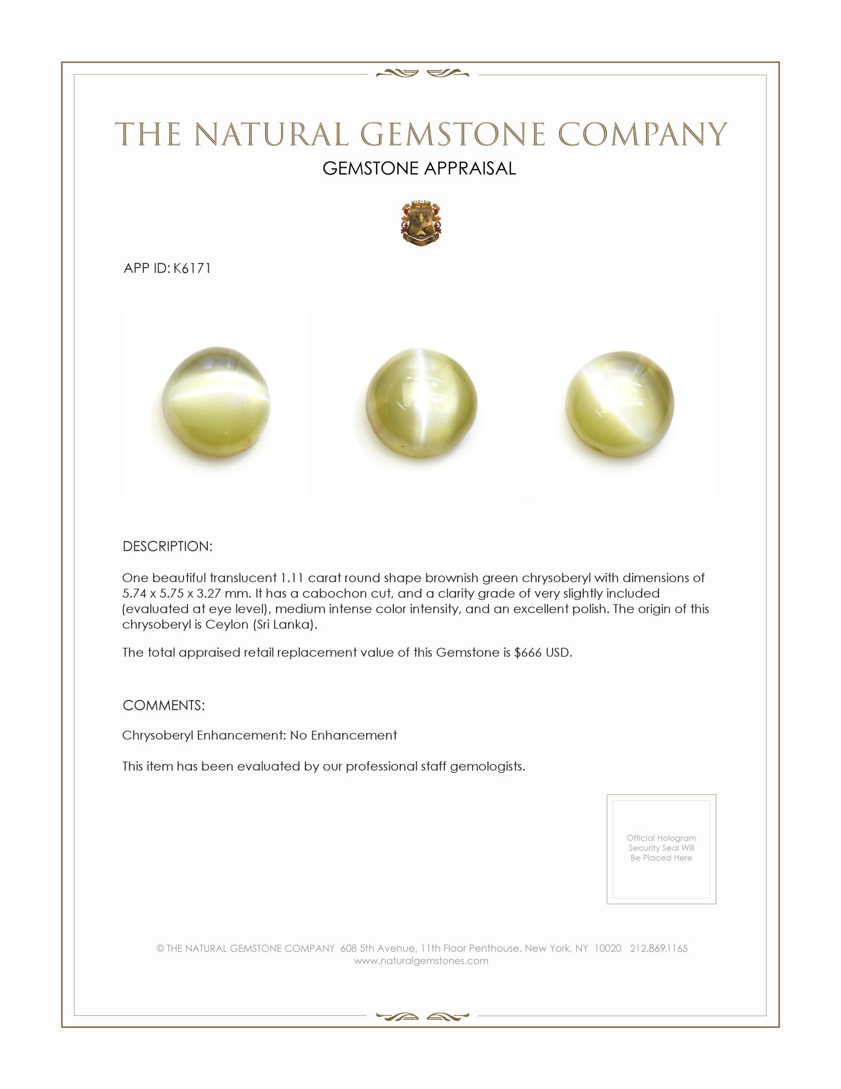 1.11 Ct. Brownish Green Cabochon Chrysoberyl from Ceylon (Sri Lanka)