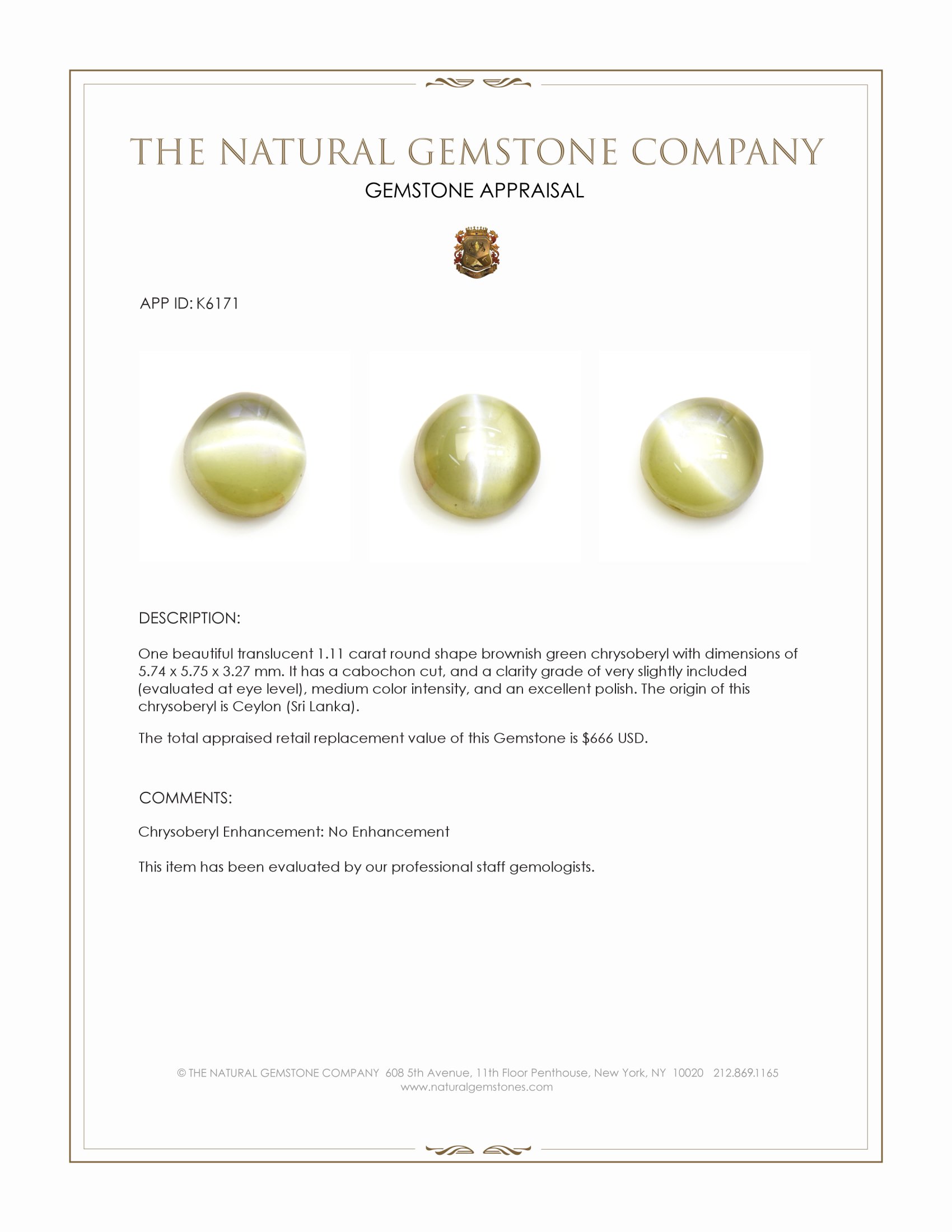 1.11 Ct. Cabochon Chrysoberyl from Ceylon (Sri Lanka)