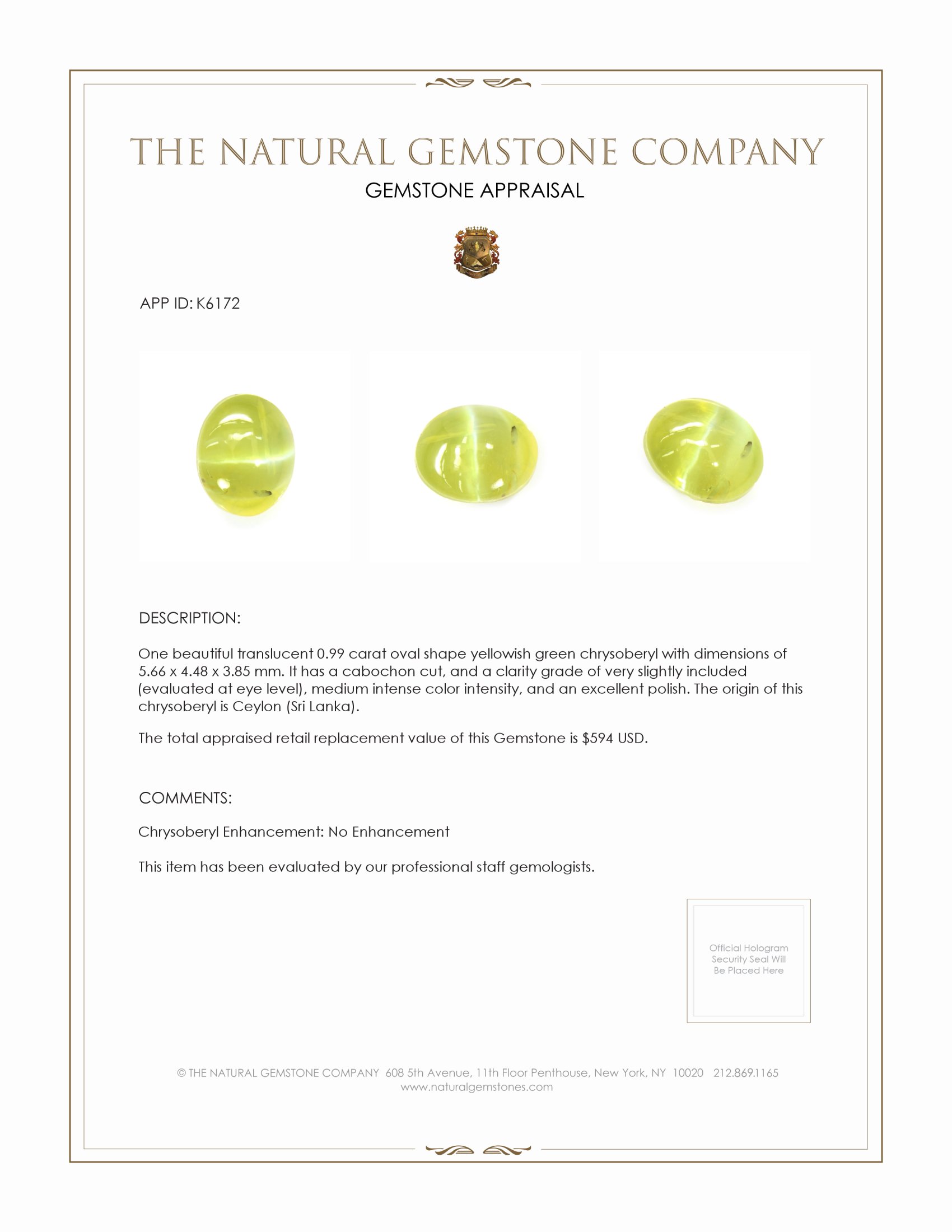 0.99 Ct. Cabochon Chrysoberyl from Ceylon (Sri Lanka)