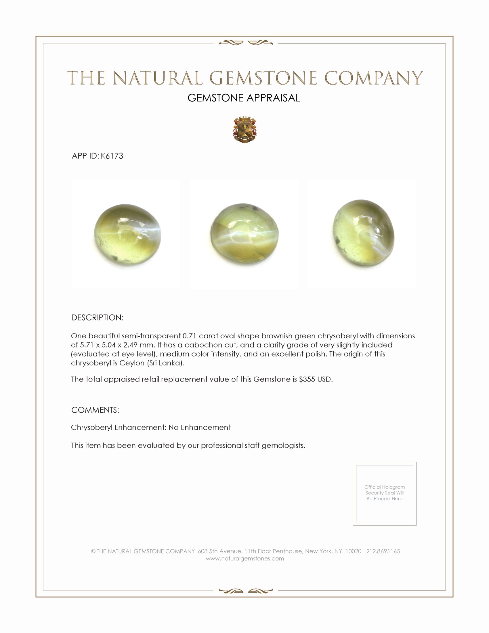 0.71 Ct. Brownish Green Cabochon Chrysoberyl from Ceylon (Sri Lanka)