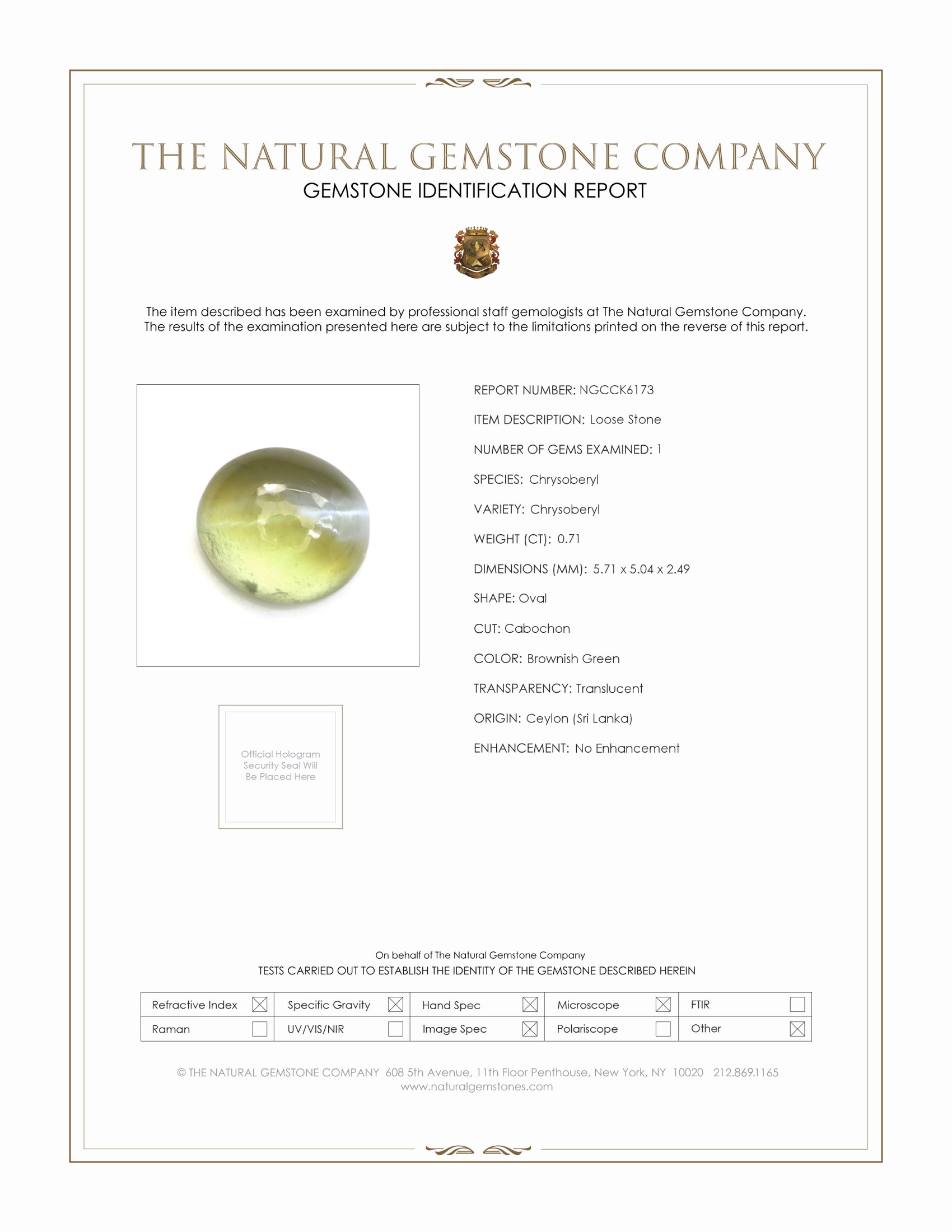 0.71 Ct. Cabochon Chrysoberyl from Ceylon (Sri Lanka)