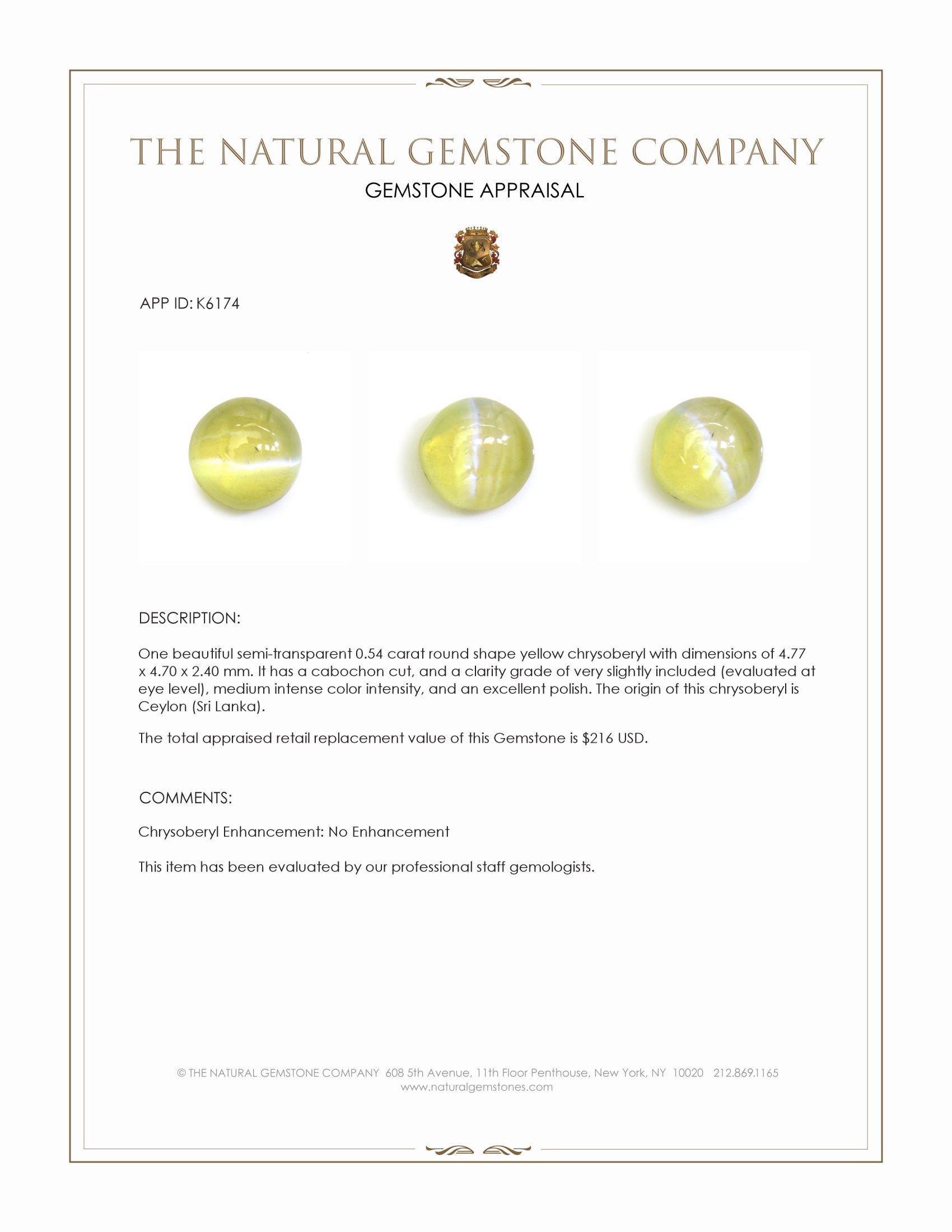 0.54 Ct. Cabochon Chrysoberyl from Ceylon (Sri Lanka)