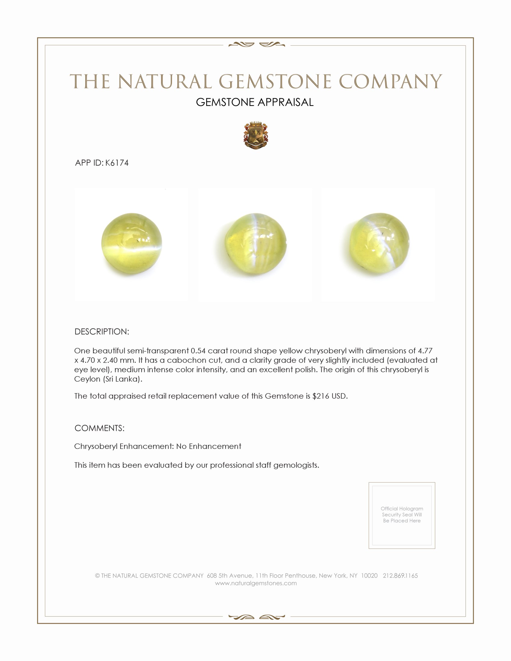 0.54 Ct. Cabochon Chrysoberyl from Ceylon (Sri Lanka)