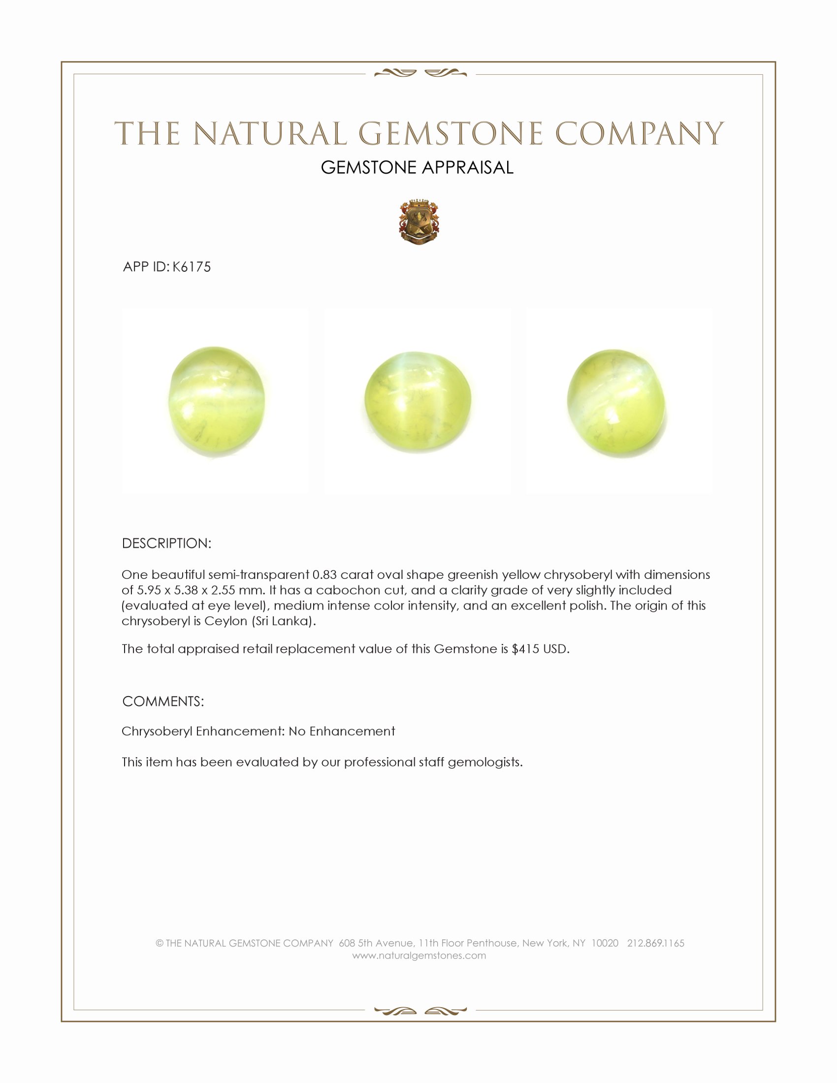 0.83 Ct. Greenish Yellow Cabochon Chrysoberyl from Ceylon (Sri Lanka)