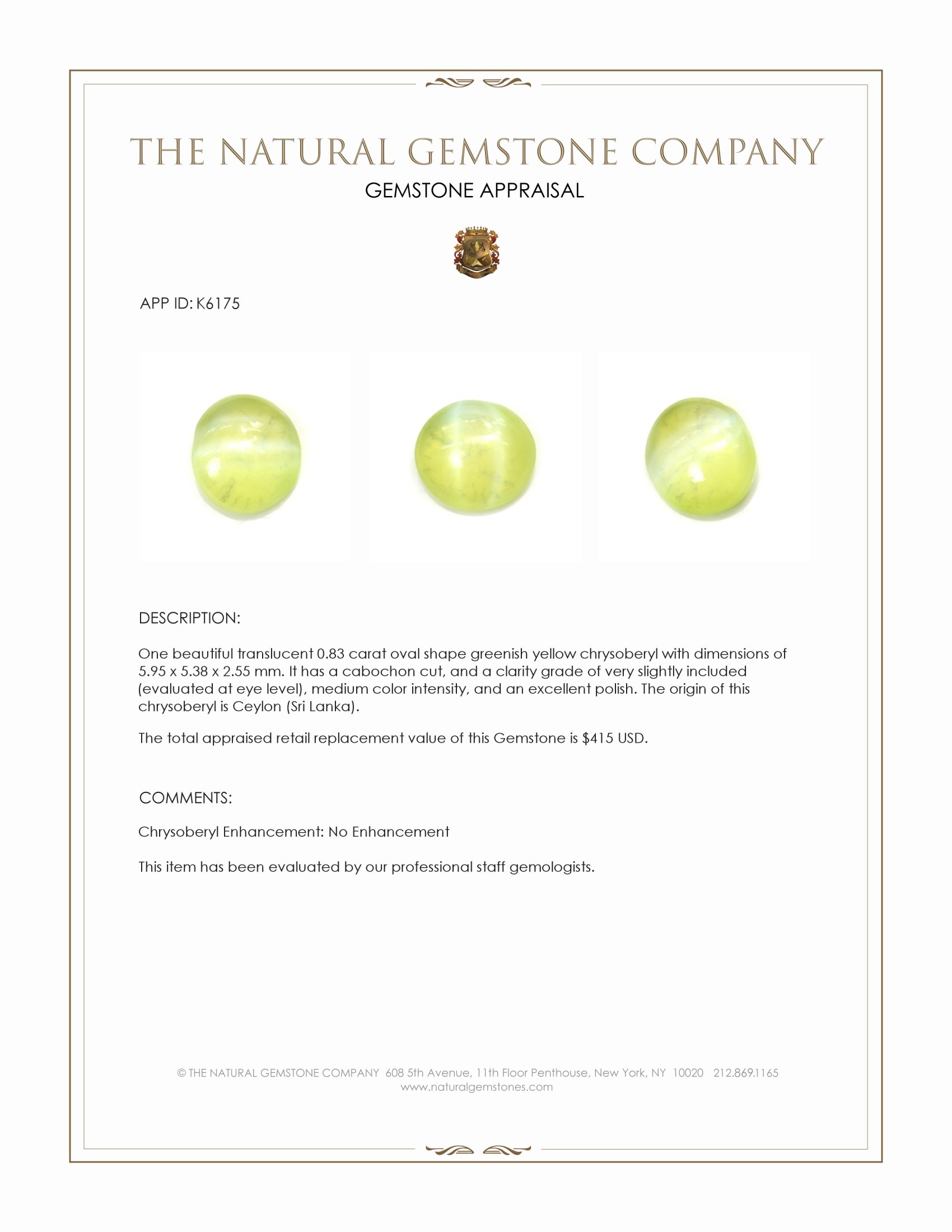 0.83 Ct. Cabochon Chrysoberyl from Ceylon (Sri Lanka)