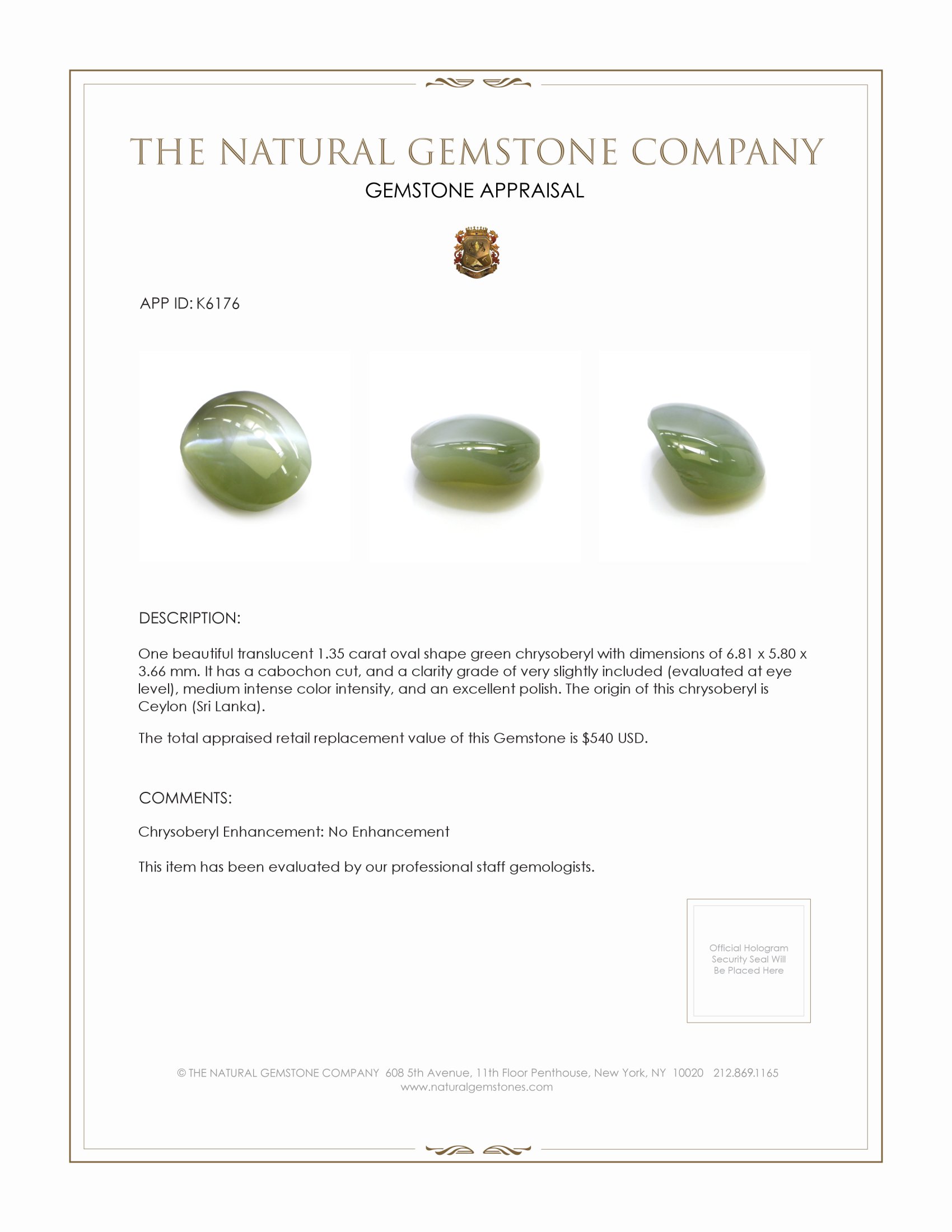 1.35 Ct. Cabochon Chrysoberyl from Ceylon (Sri Lanka)