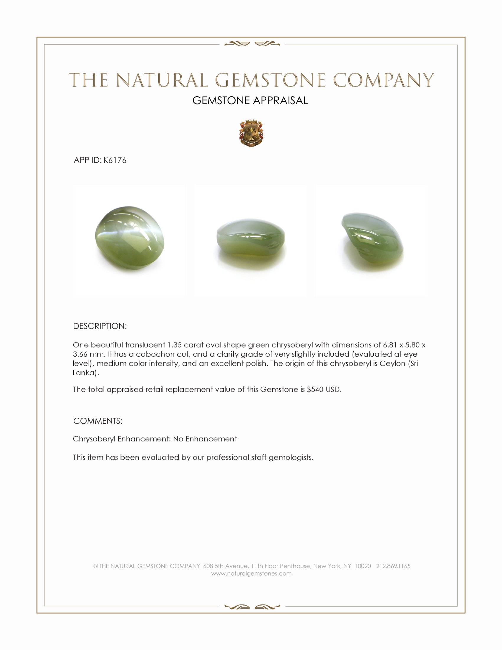 1.35 Ct. Cabochon Chrysoberyl from Ceylon (Sri Lanka)