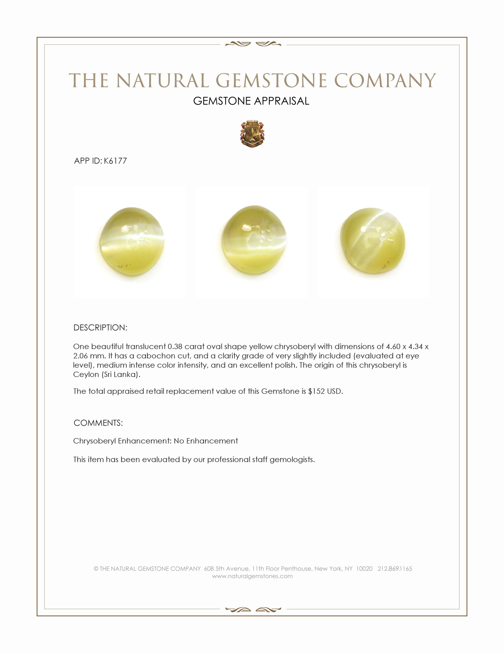 0.38 Ct. Cabochon Chrysoberyl from Ceylon (Sri Lanka)