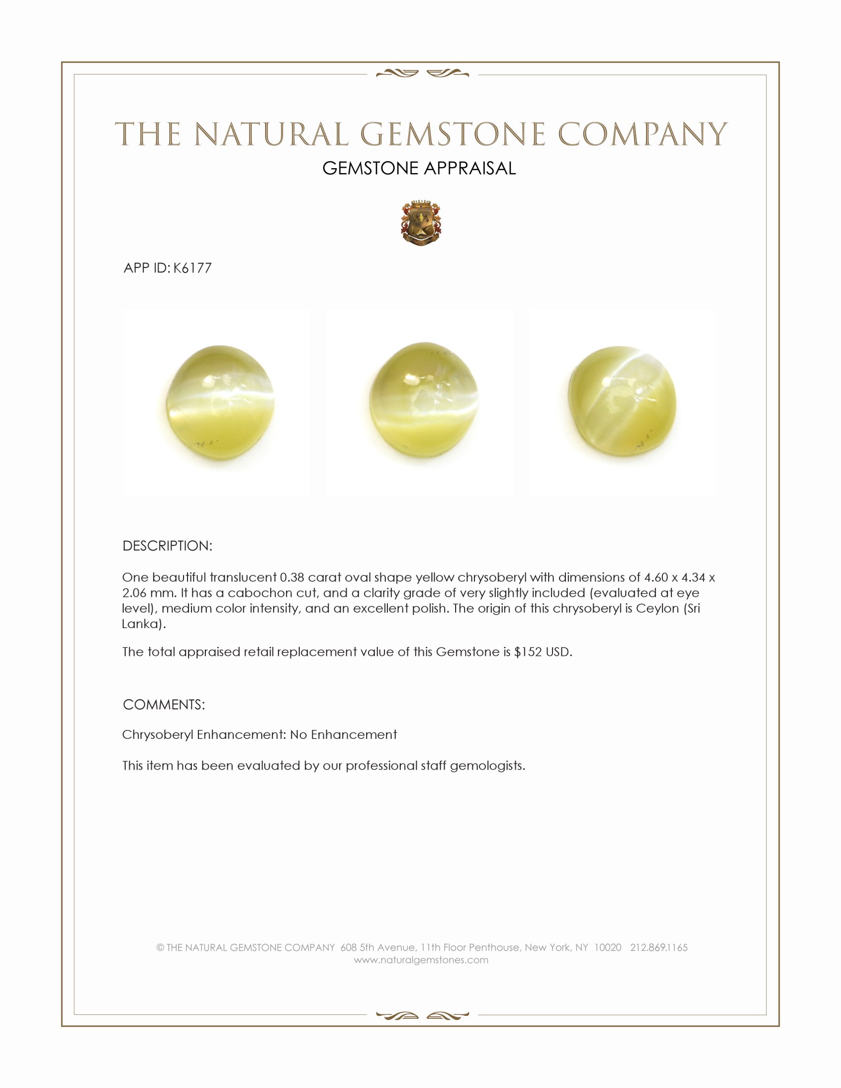 0.38 Ct. Yellow Cabochon Chrysoberyl from Ceylon (Sri Lanka)