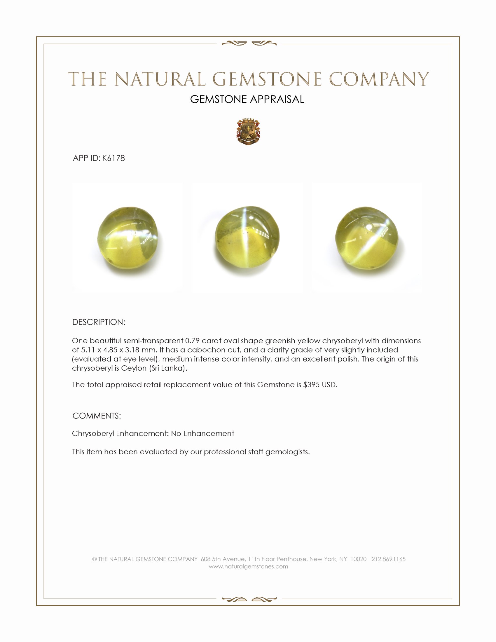 0.79 Ct. Cabochon Chrysoberyl from Ceylon (Sri Lanka)