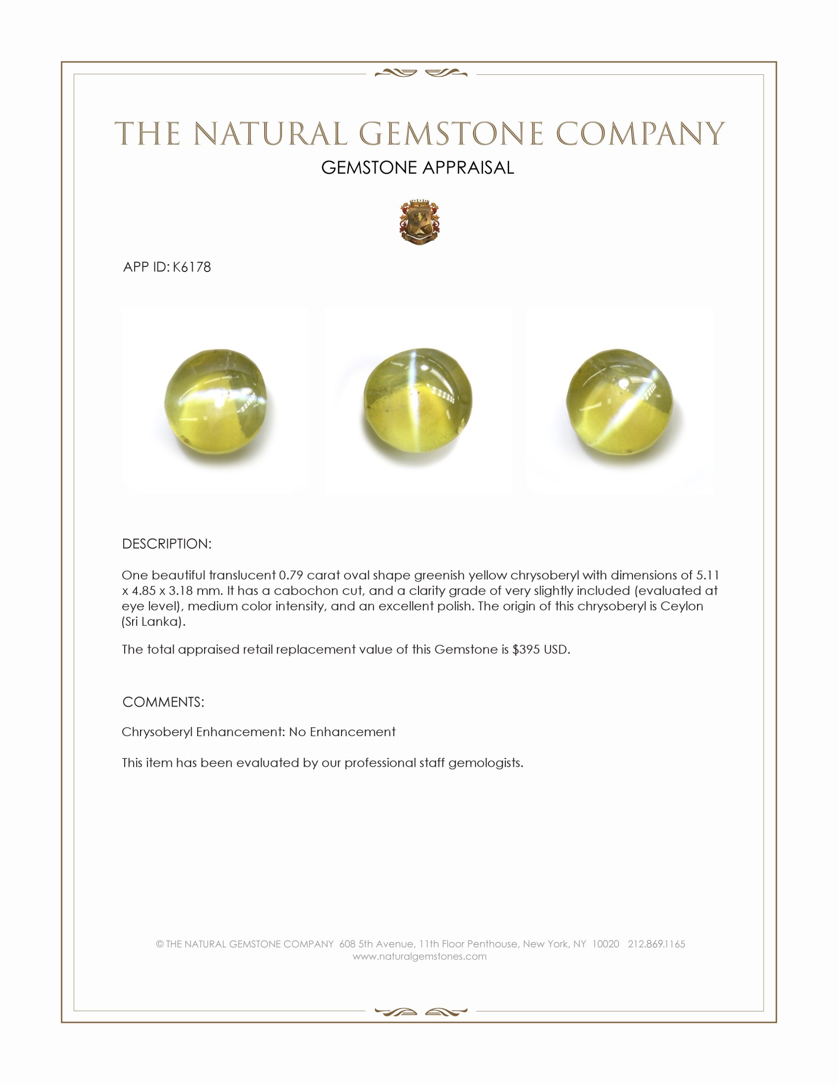 0.79 Ct. Cabochon Chrysoberyl from Ceylon (Sri Lanka)