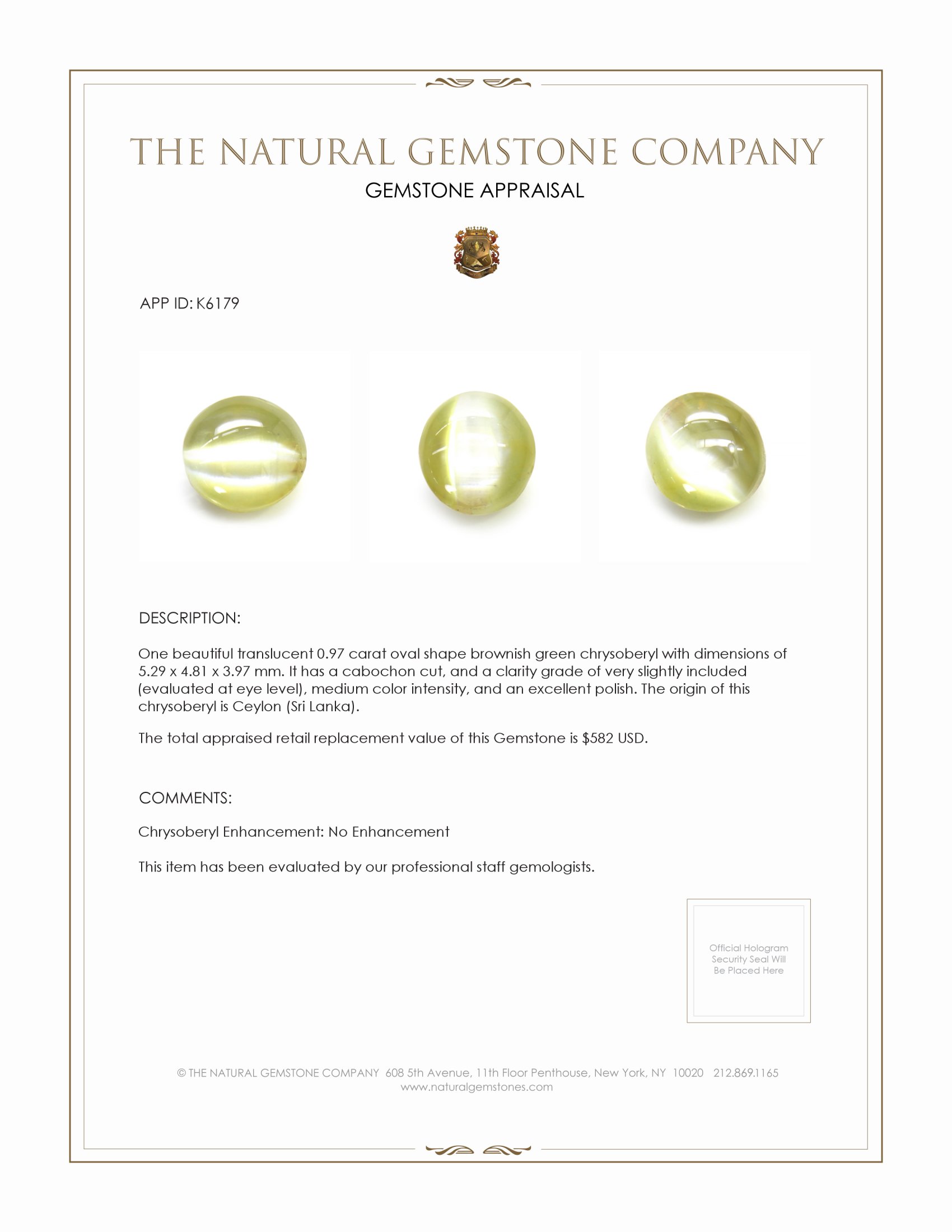 0.97 Ct. Cabochon Chrysoberyl from Ceylon (Sri Lanka)