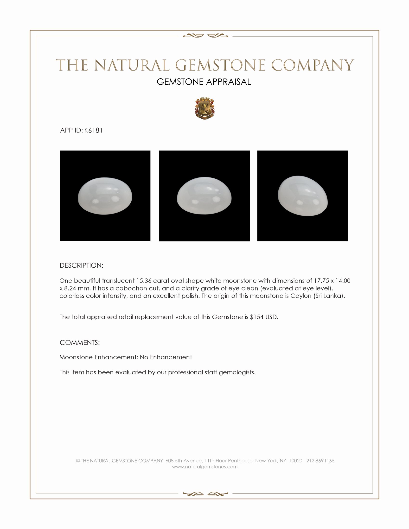 15.36 Ct. White Cabochon Moonstone from Ceylon (Sri Lanka)