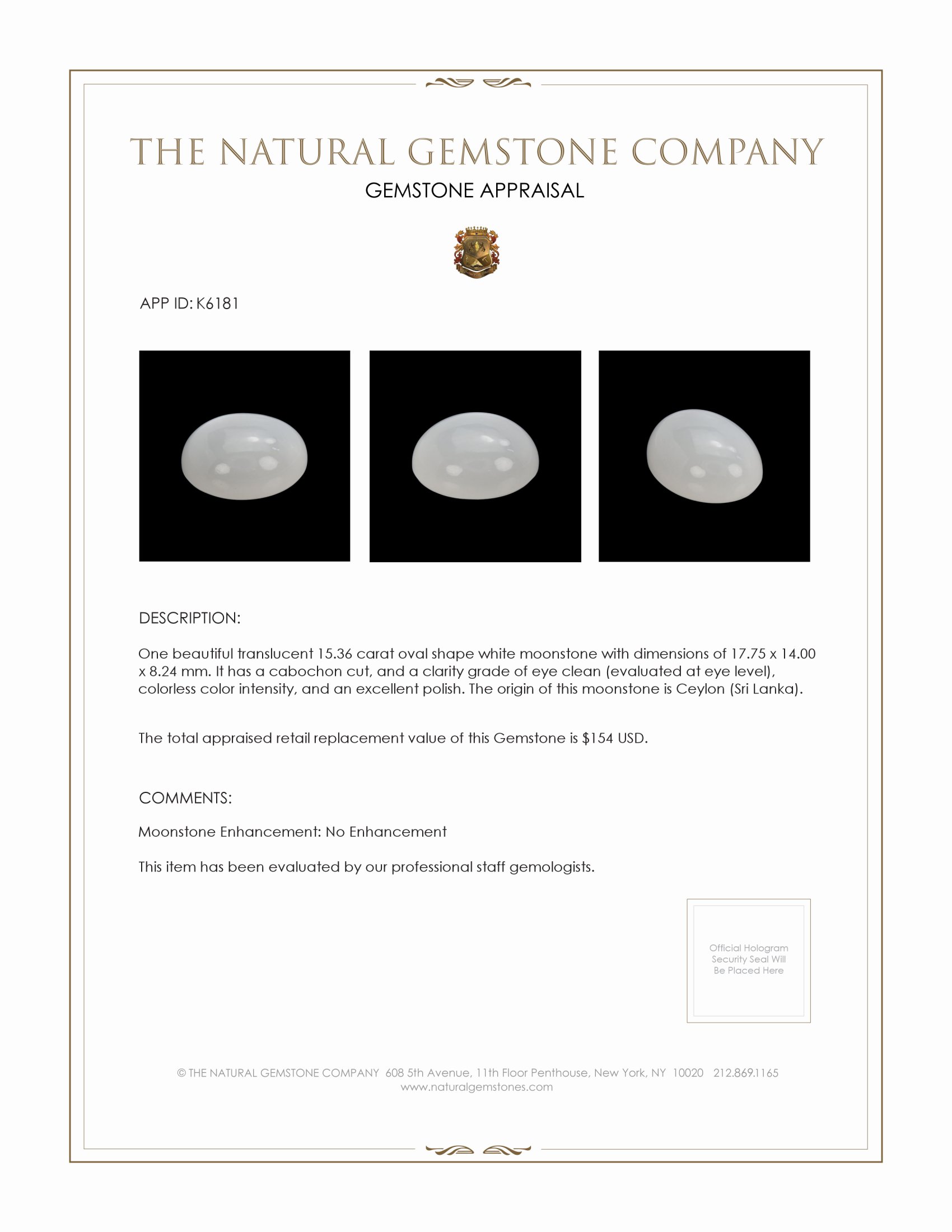 15.36 Ct. Cabochon Moonstone from Ceylon (Sri Lanka)