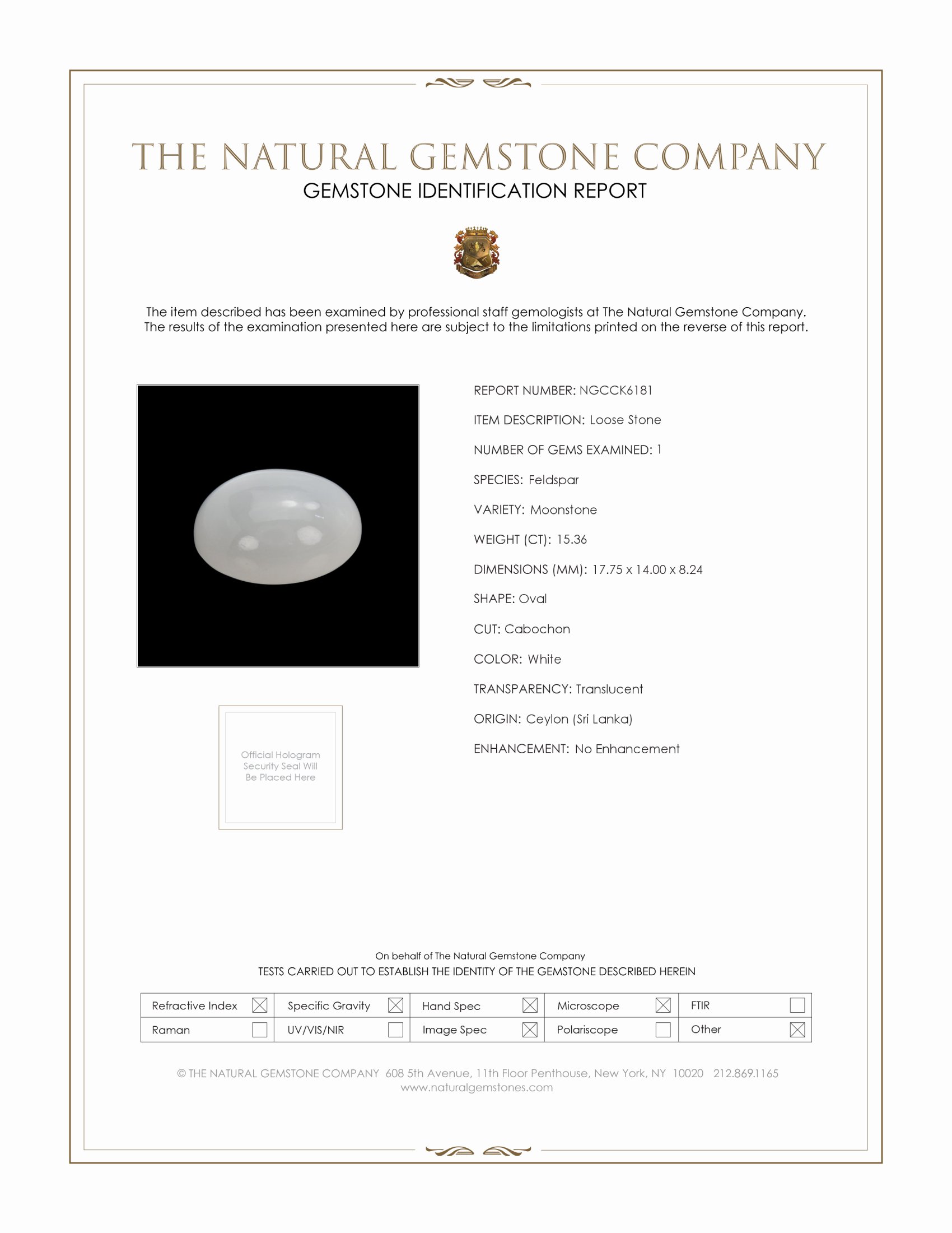 15.36 Ct. White Cabochon Moonstone from Ceylon (Sri Lanka)