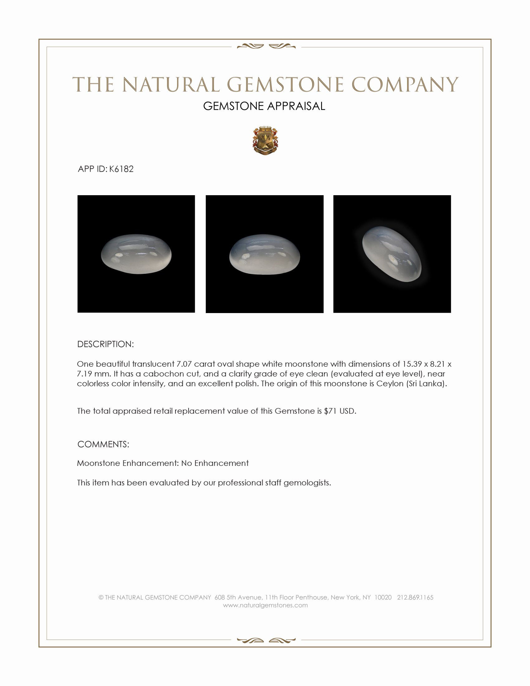 7.07 Ct. Cabochon Moonstone from Ceylon (Sri Lanka)