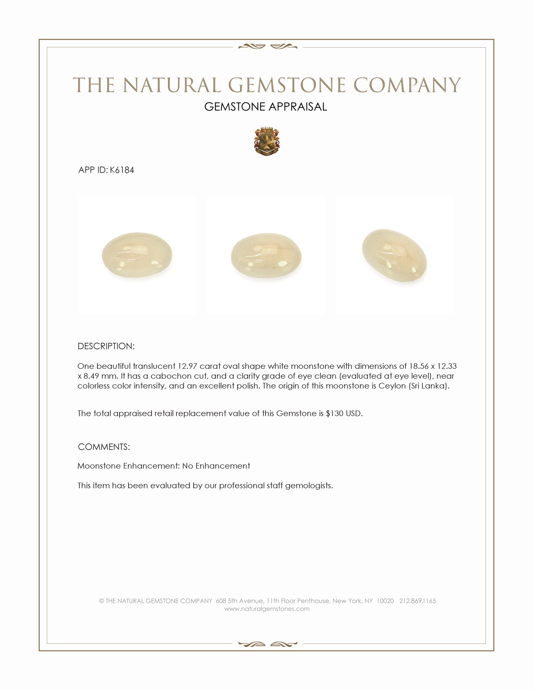 12.97 Ct. White Cabochon Moonstone from Ceylon (Sri Lanka)