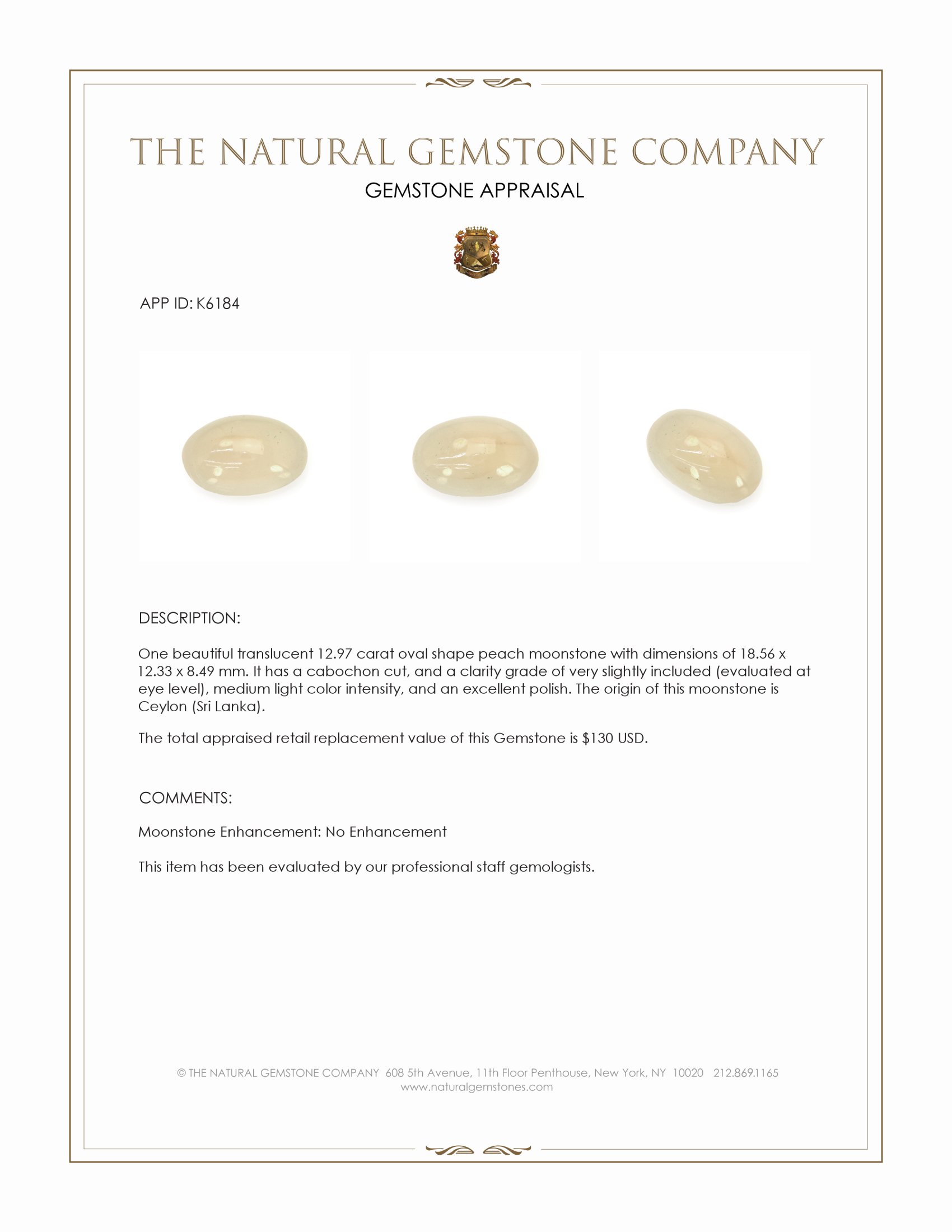 12.97 Ct. Cabochon Moonstone from Ceylon (Sri Lanka)