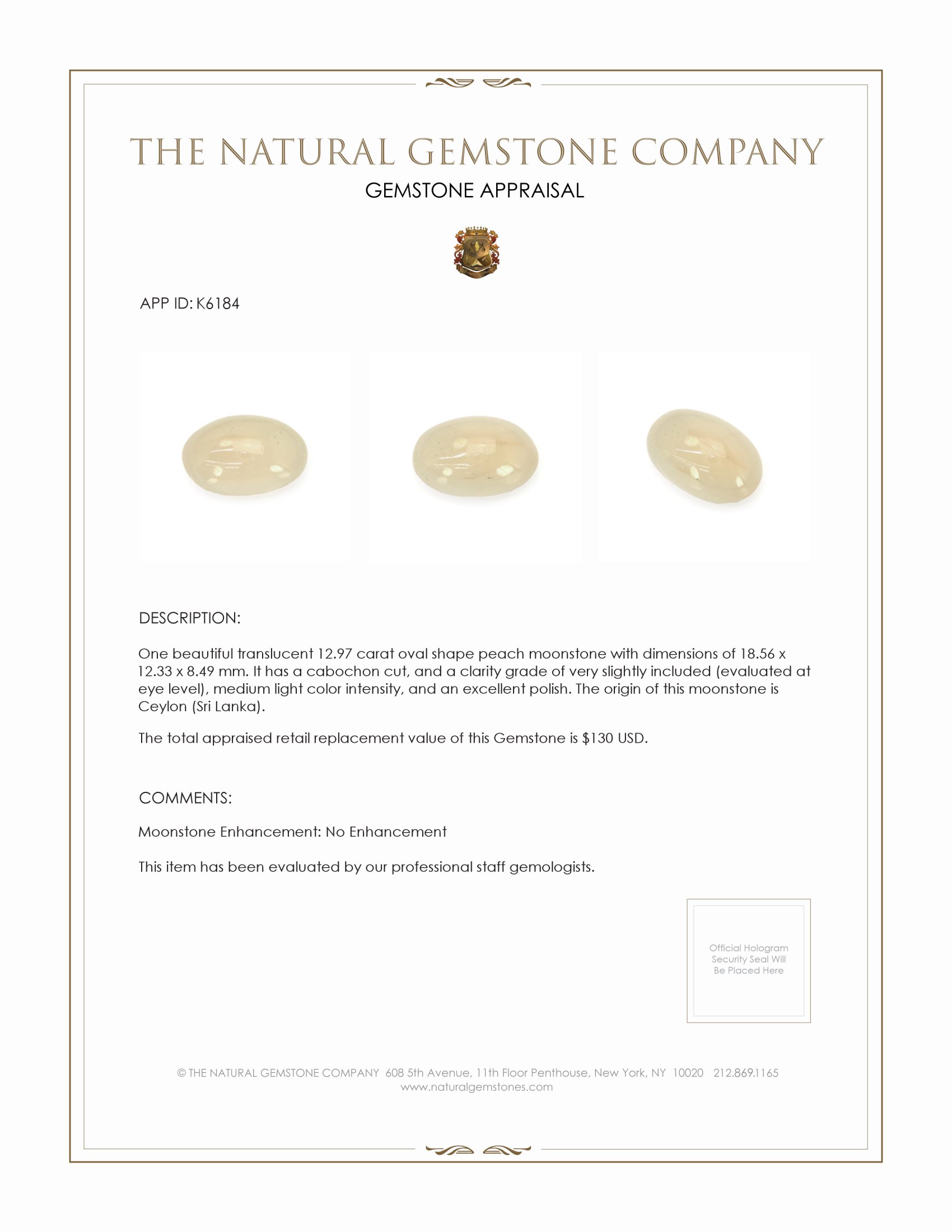 12.97 Ct. Cabochon Moonstone from Ceylon (Sri Lanka)