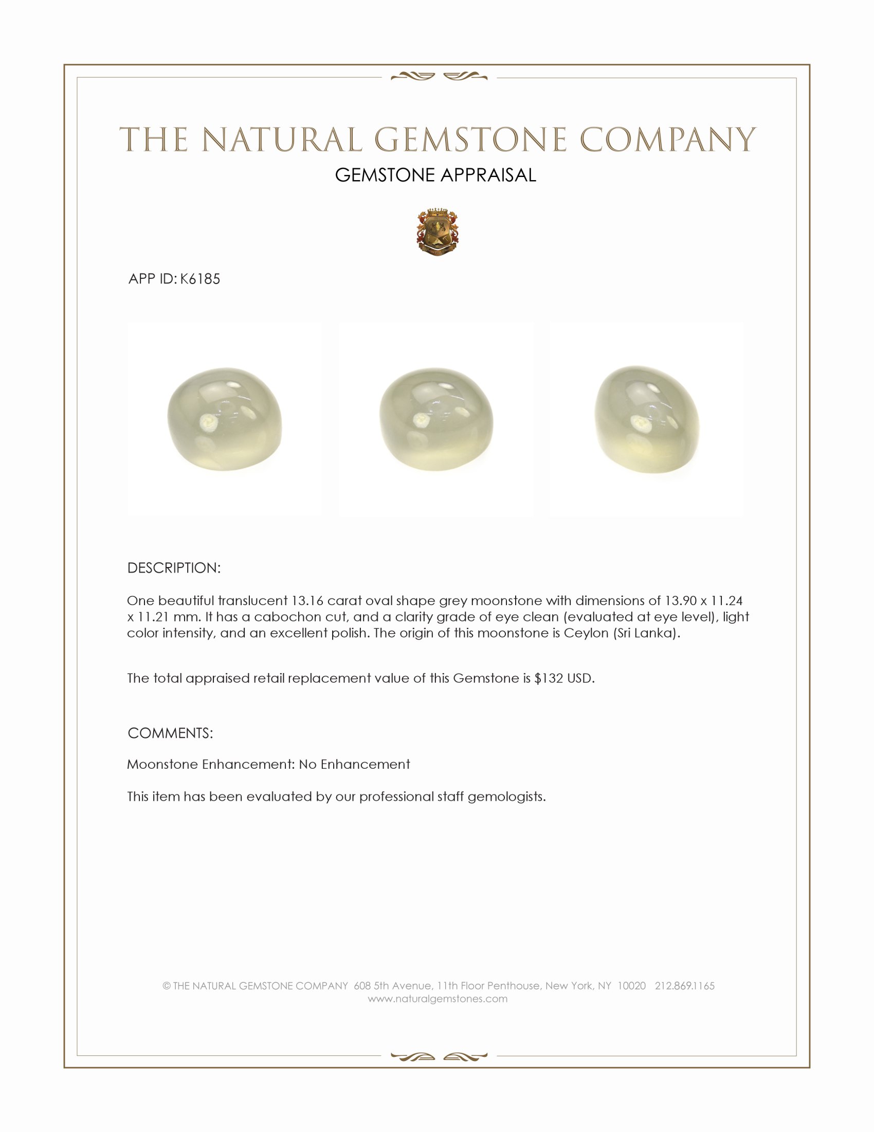 13.16 Ct. Grey Cabochon Moonstone from Ceylon (Sri Lanka)