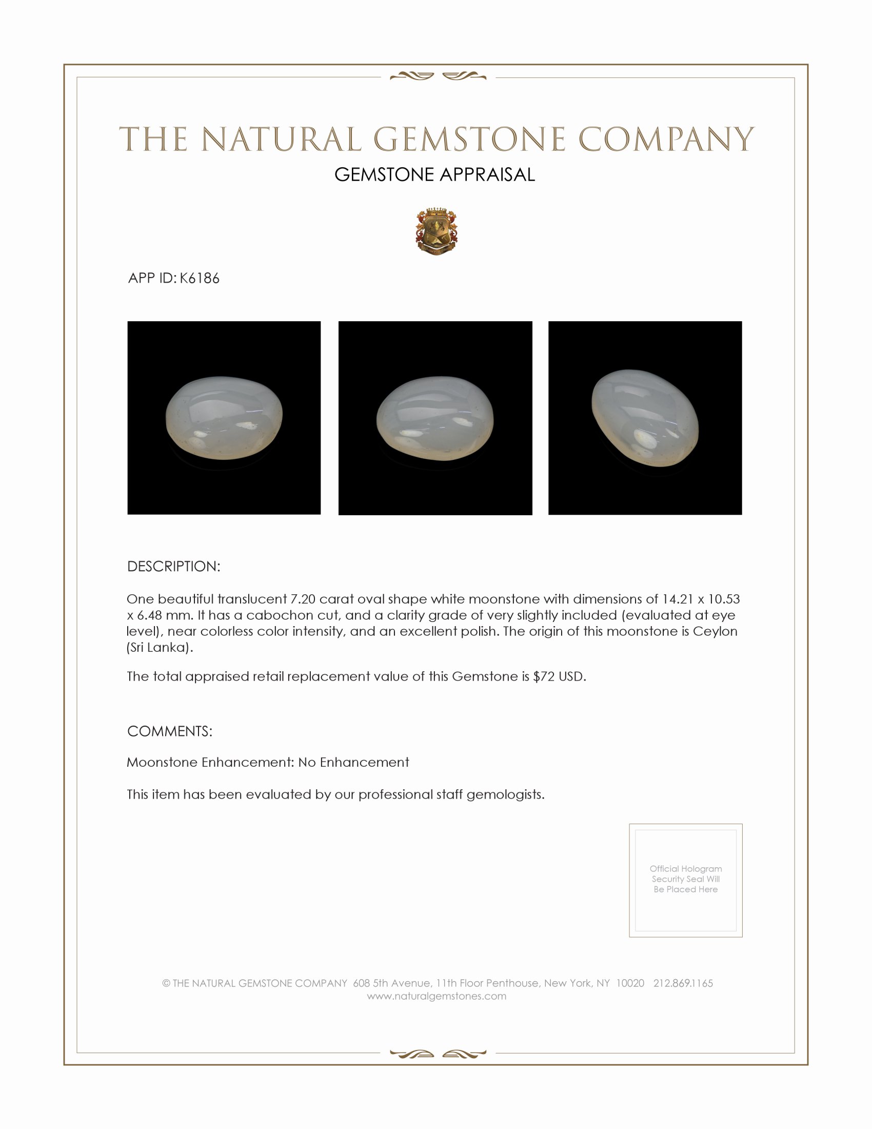 7.20 Ct. Cabochon Moonstone from Ceylon (Sri Lanka)