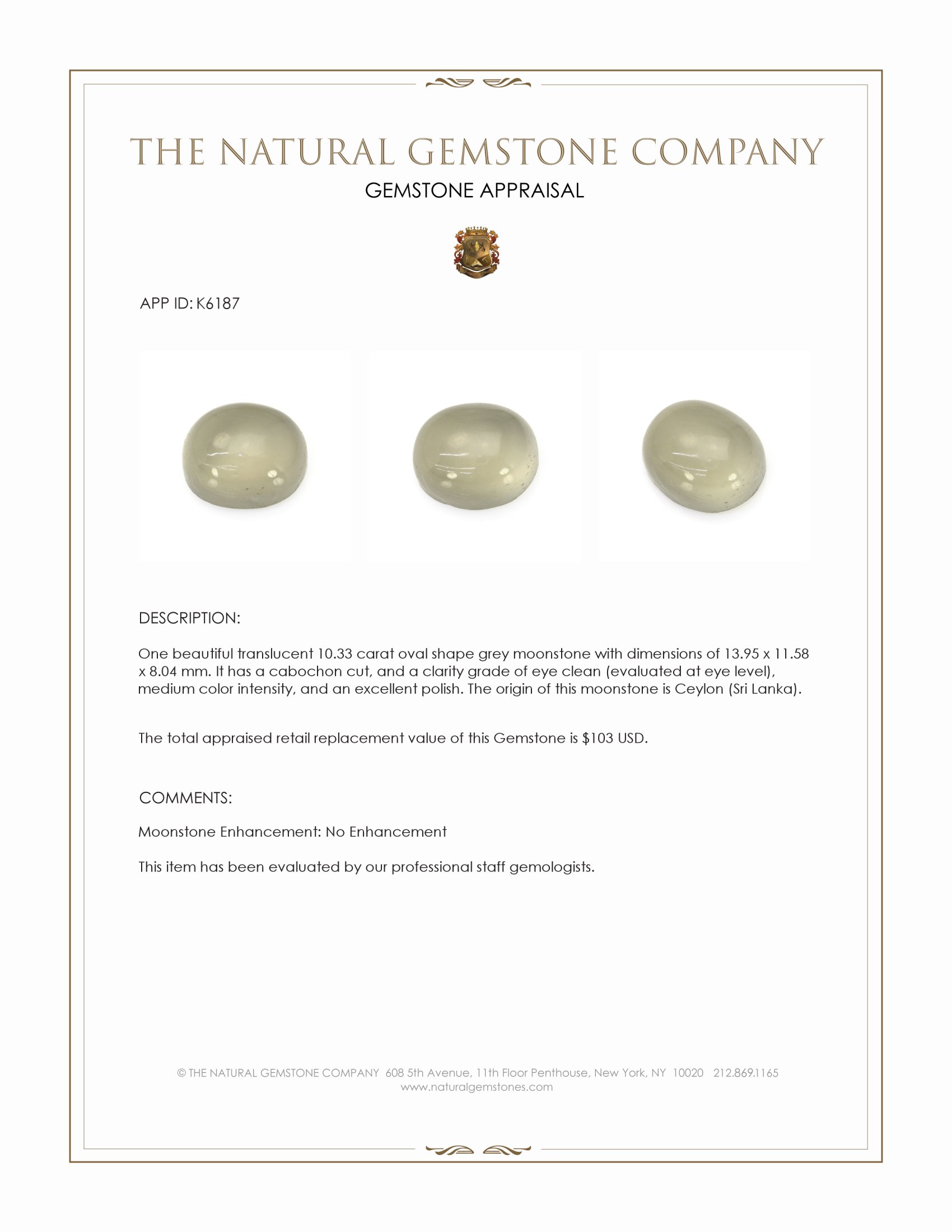 10.33 Ct. Cabochon Moonstone from Ceylon (Sri Lanka)