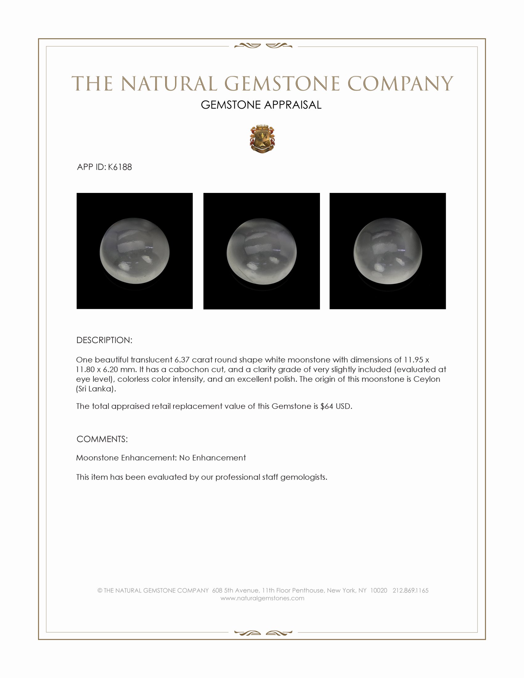 6.37 Ct. Cabochon Moonstone from Ceylon (Sri Lanka)