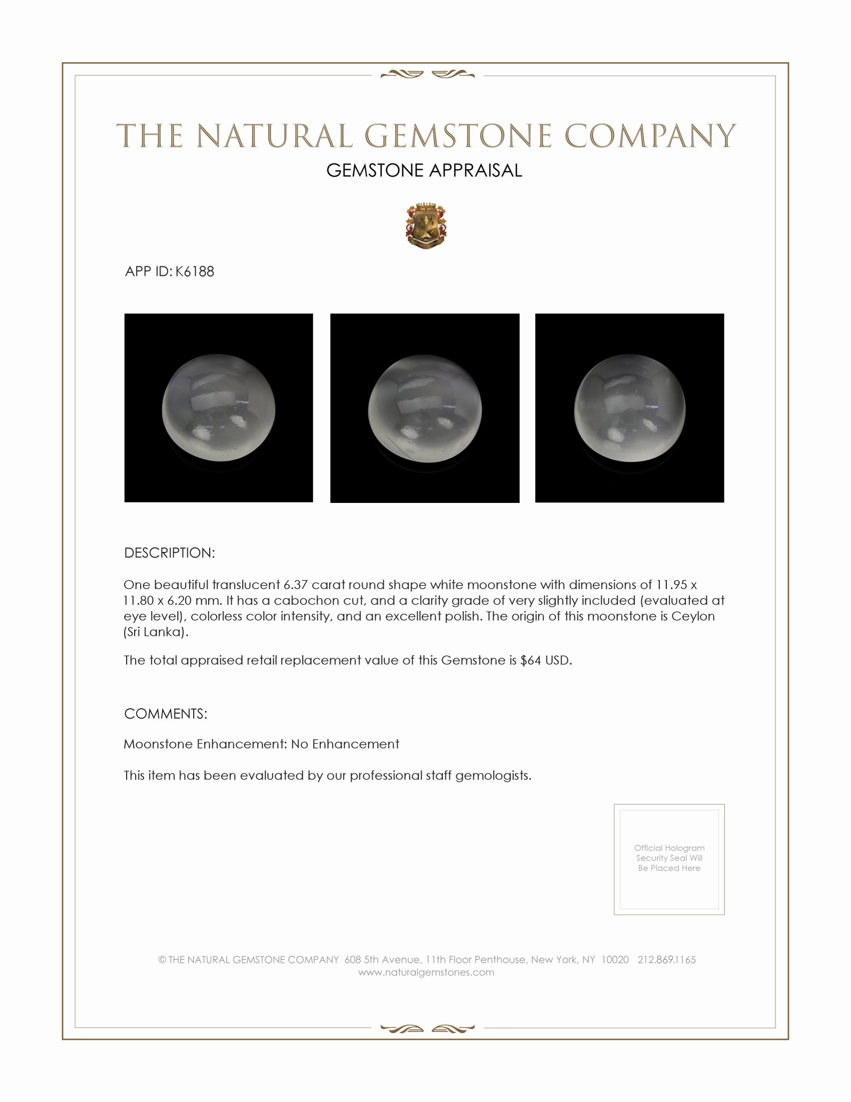 6.37 Ct. Cabochon Moonstone from Ceylon (Sri Lanka)