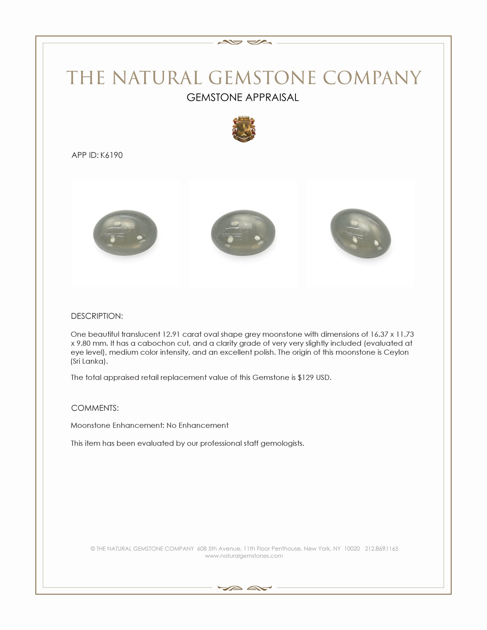 12.91 Ct. Cabochon Moonstone from Ceylon (Sri Lanka)