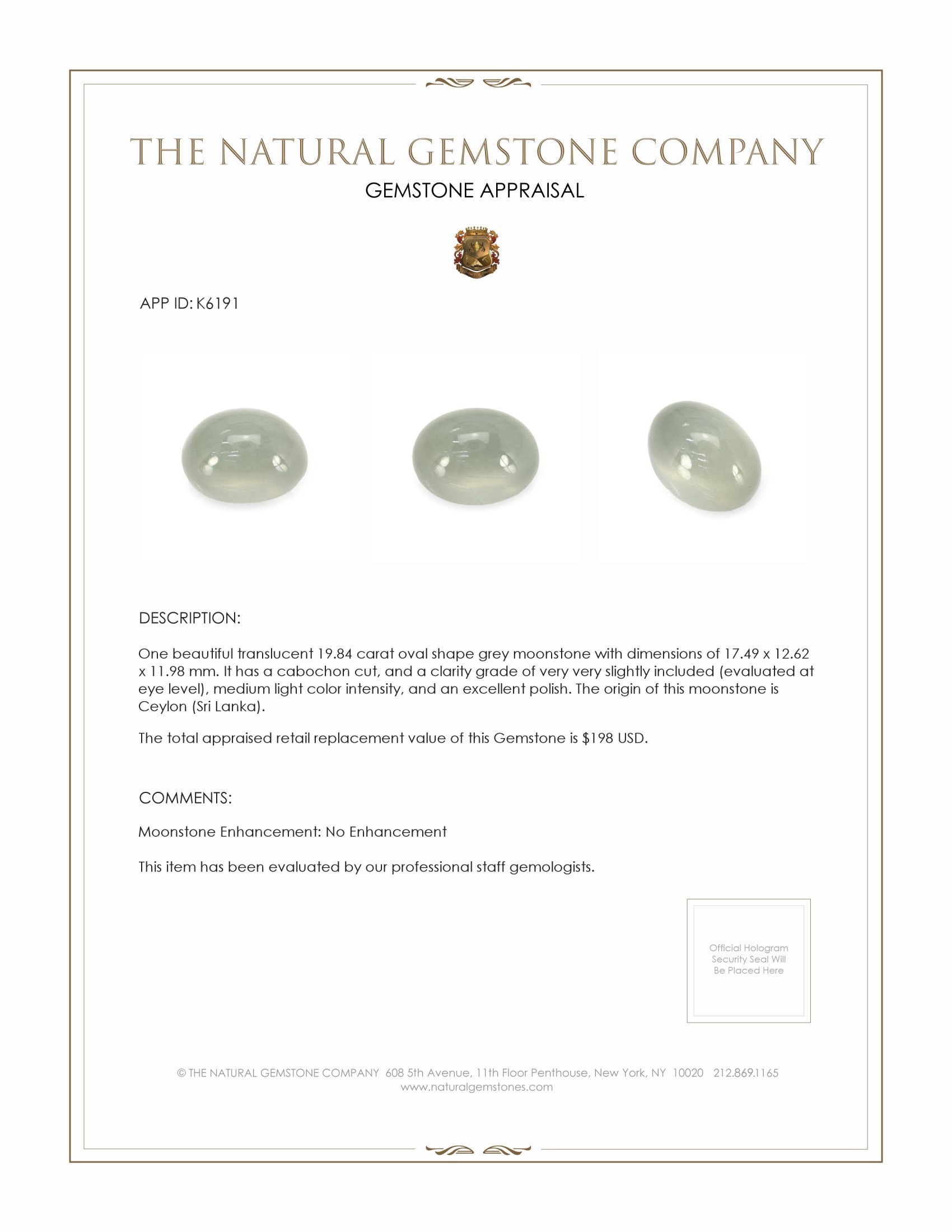 19.84 Ct. Grey Cabochon Moonstone from Ceylon (Sri Lanka)