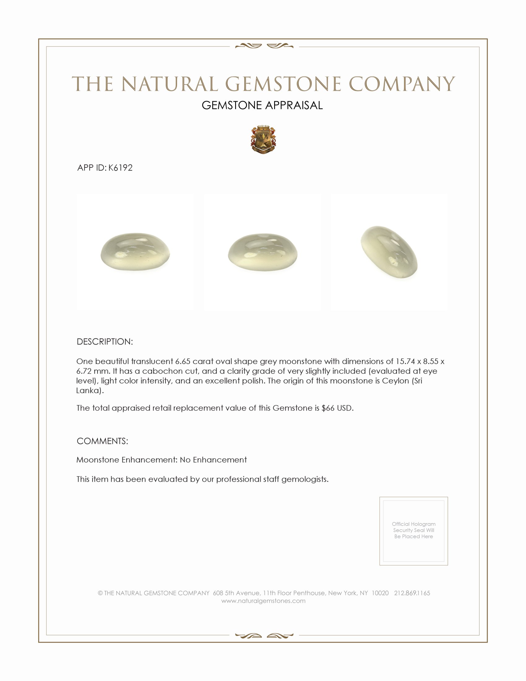 6.65 Ct. Grey Cabochon Moonstone from Ceylon (Sri Lanka)