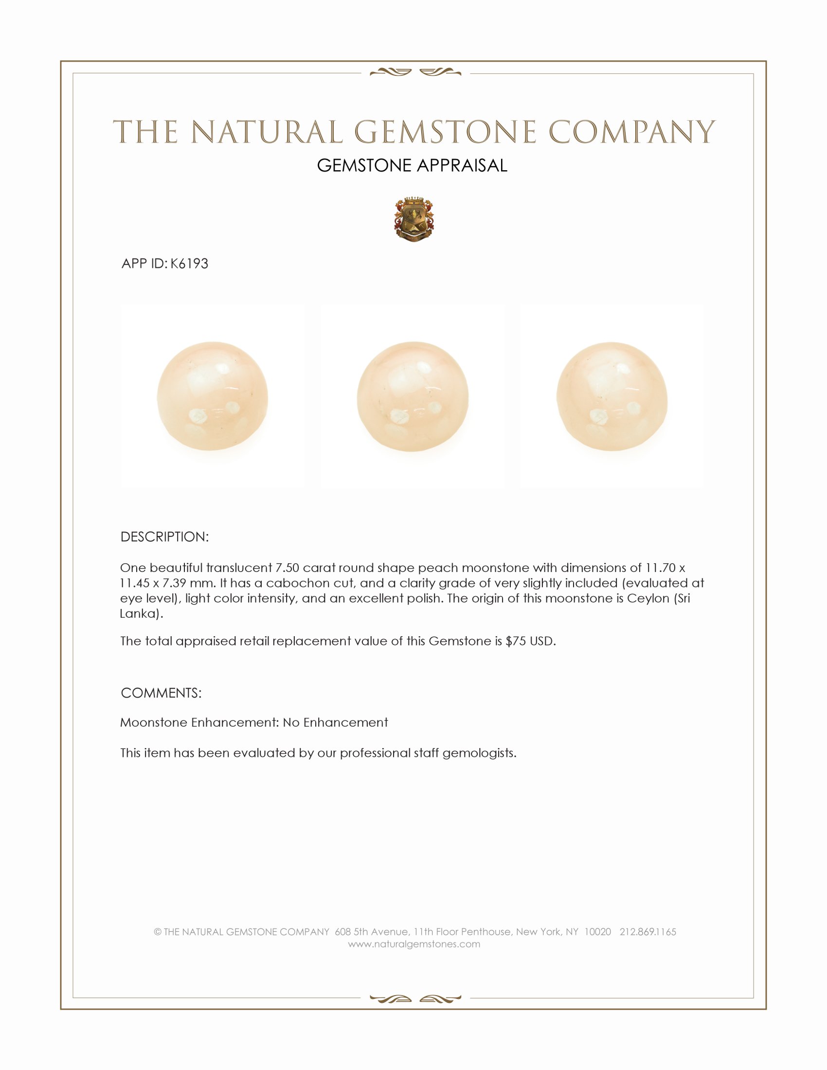 7.50 Ct. Cabochon Moonstone from Ceylon (Sri Lanka)