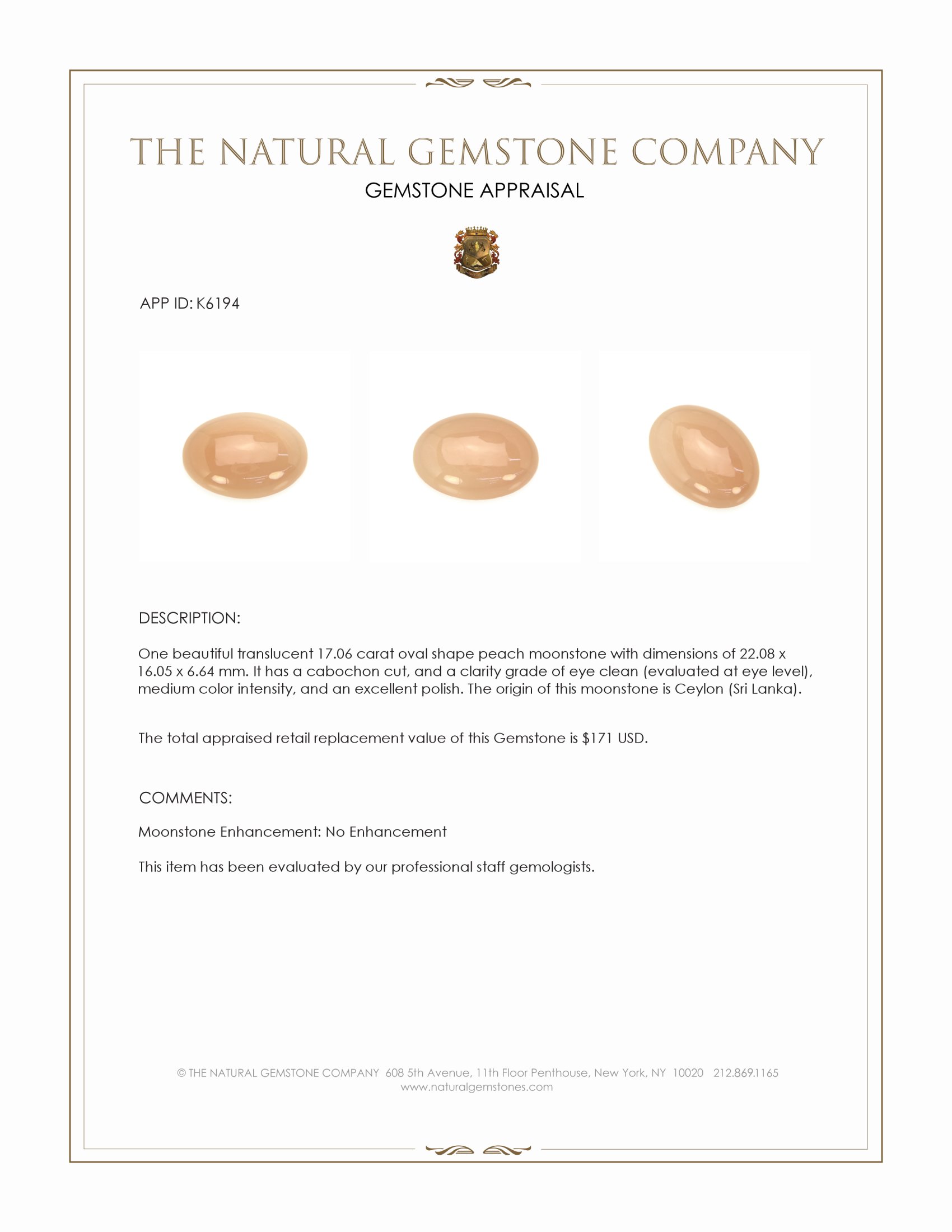 17.06 Ct. Peach Cabochon Moonstone from Ceylon (Sri Lanka)