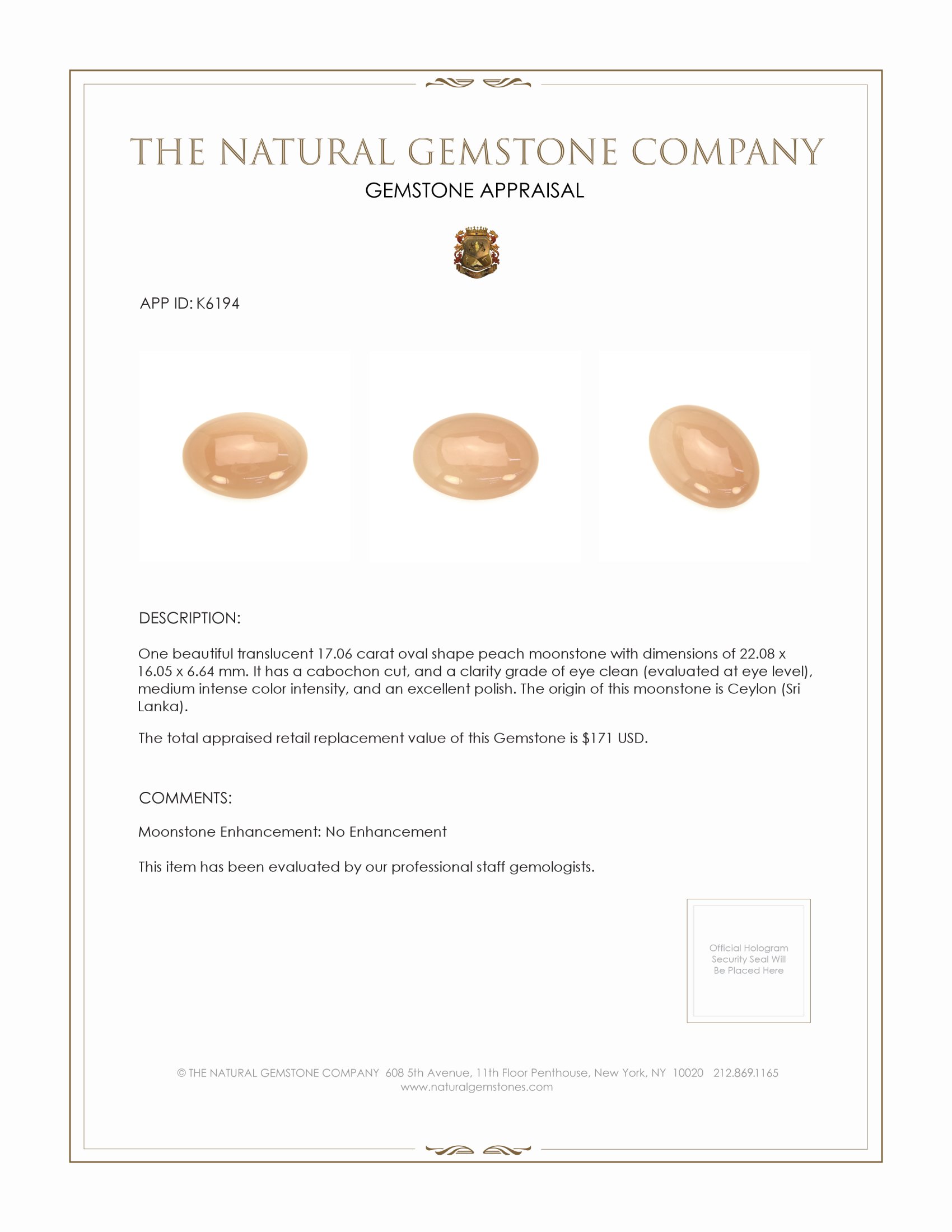 17.06 Ct. Cabochon Moonstone from Ceylon (Sri Lanka)