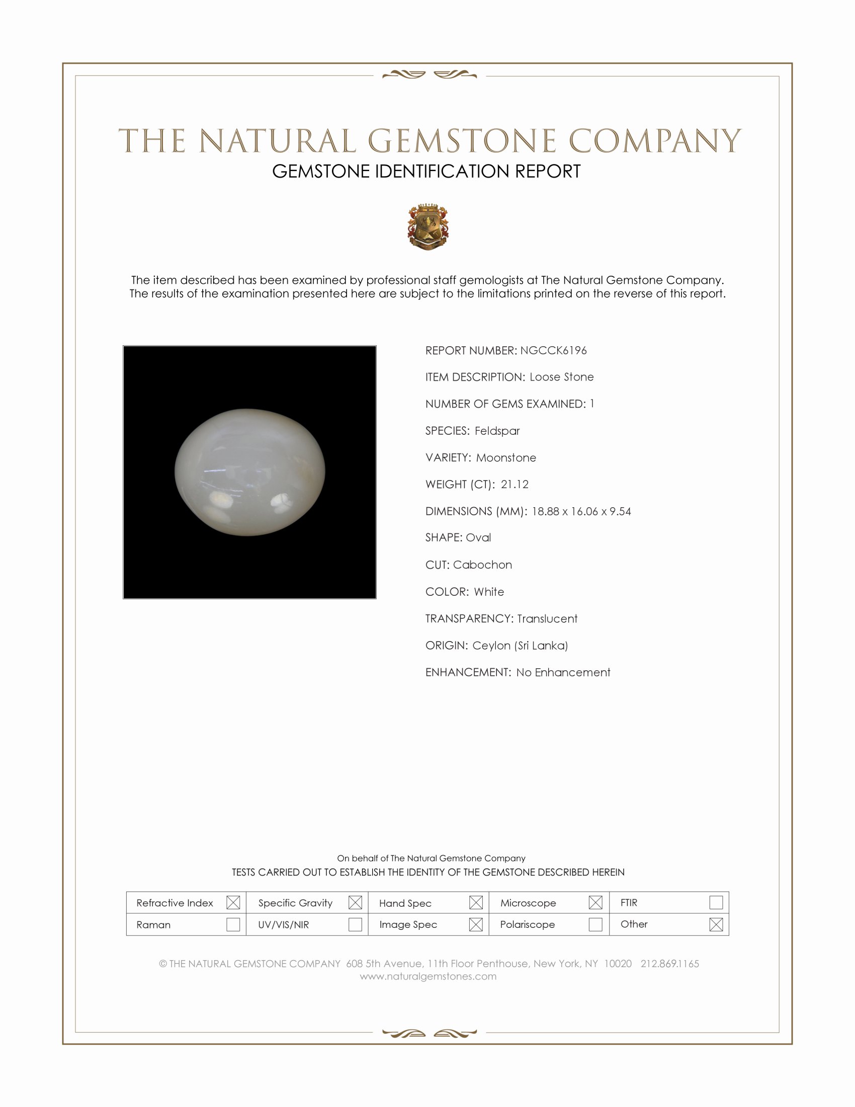 21.12 Ct. White Cabochon Moonstone from Ceylon (Sri Lanka)