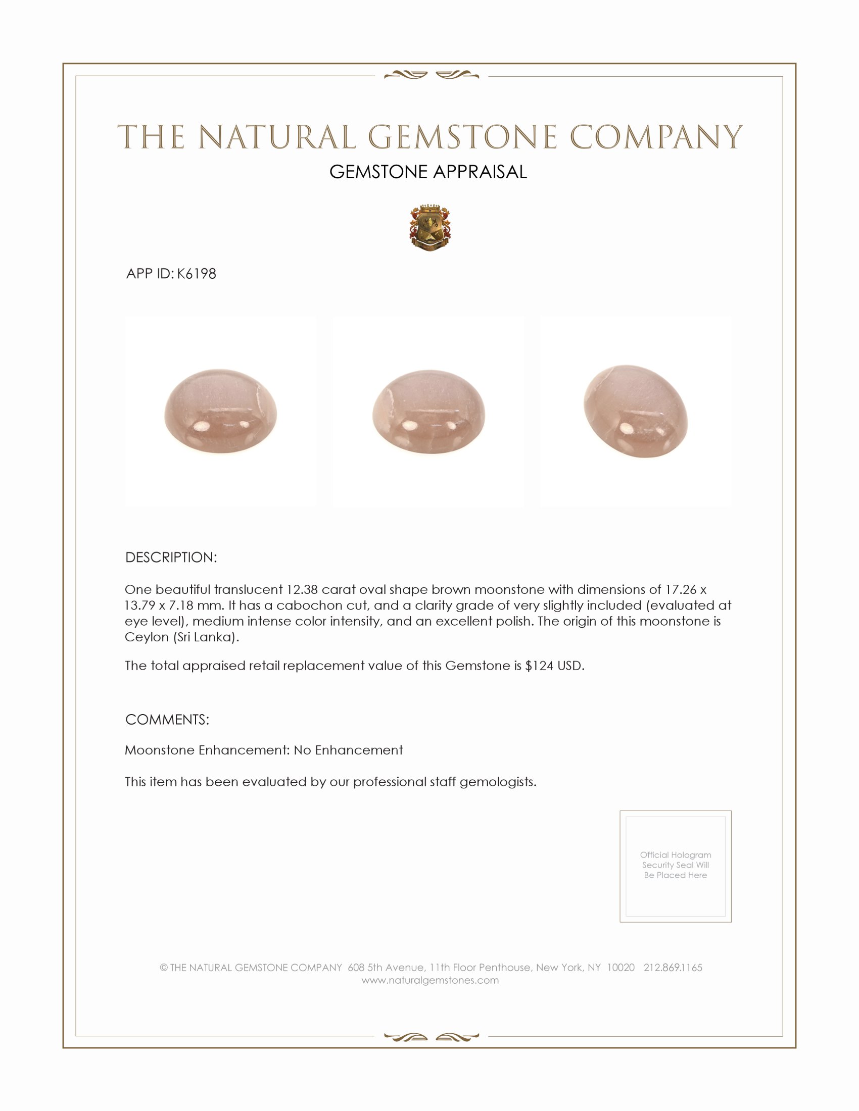 12.38 Ct. Brown Cabochon Moonstone from Ceylon (Sri Lanka)