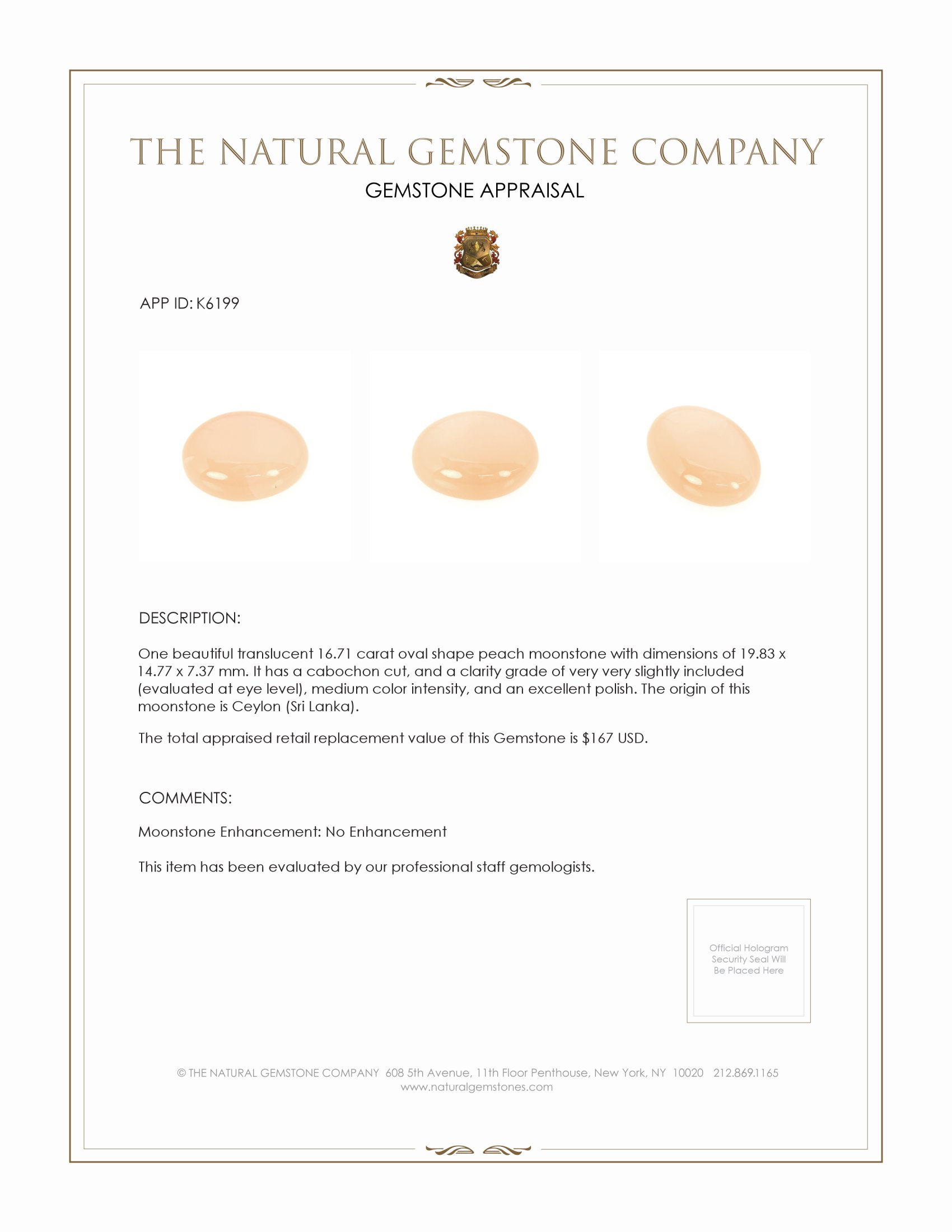 16.71 Ct. Peach Cabochon Moonstone from Ceylon (Sri Lanka)