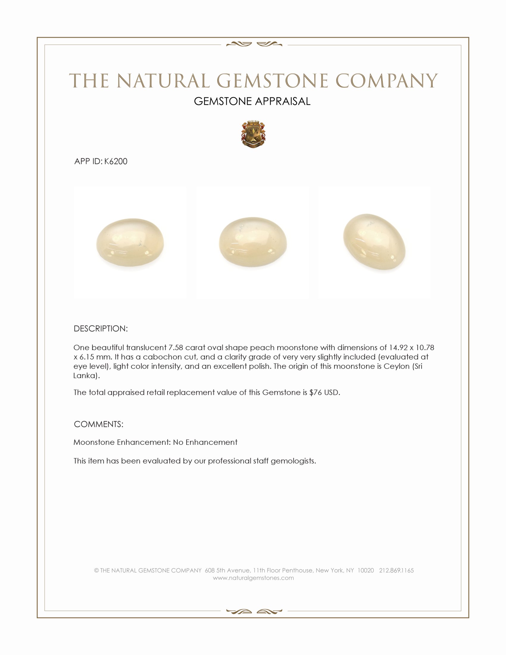 7.58 Ct. Cabochon Moonstone from Ceylon (Sri Lanka)