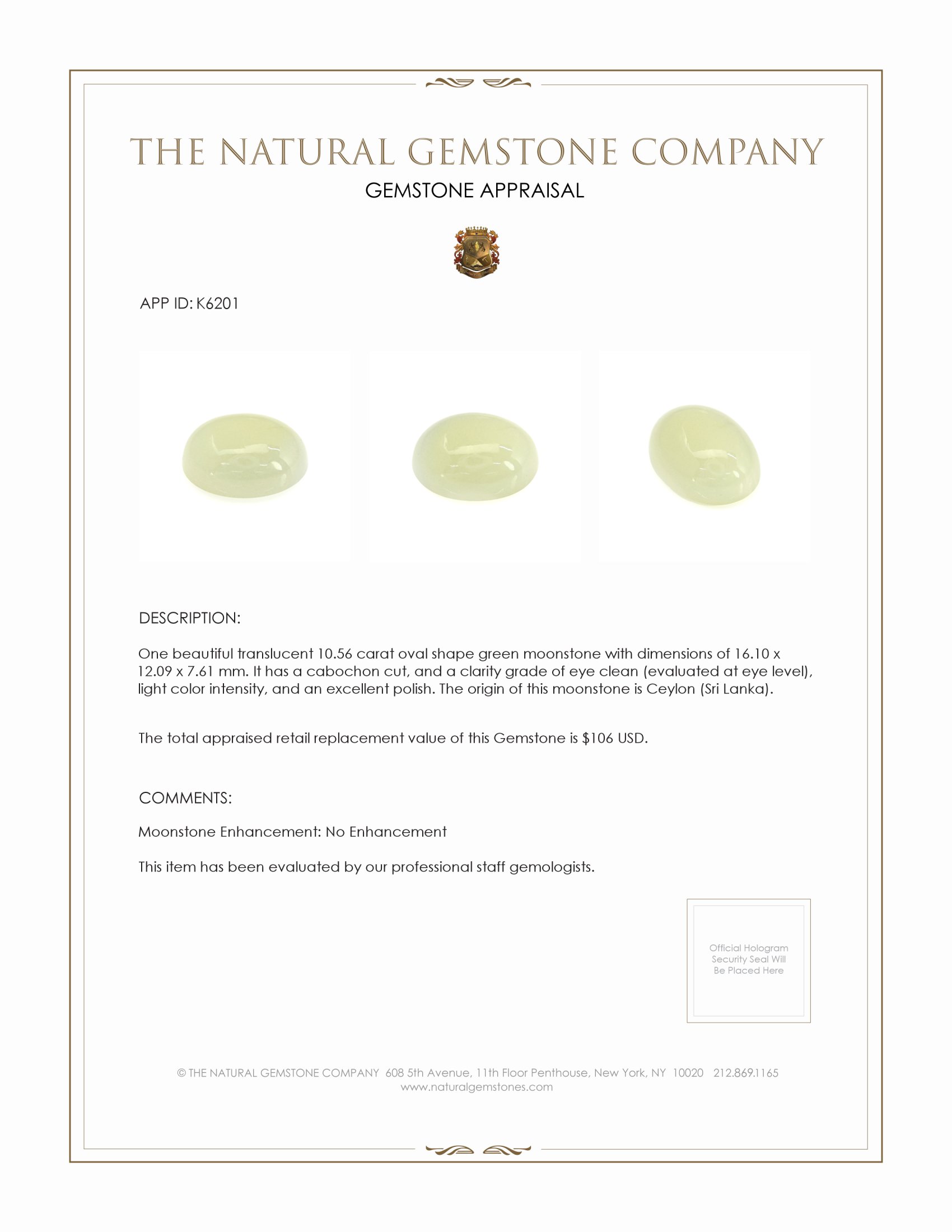 10.56 Ct. Cabochon Moonstone from Ceylon (Sri Lanka)