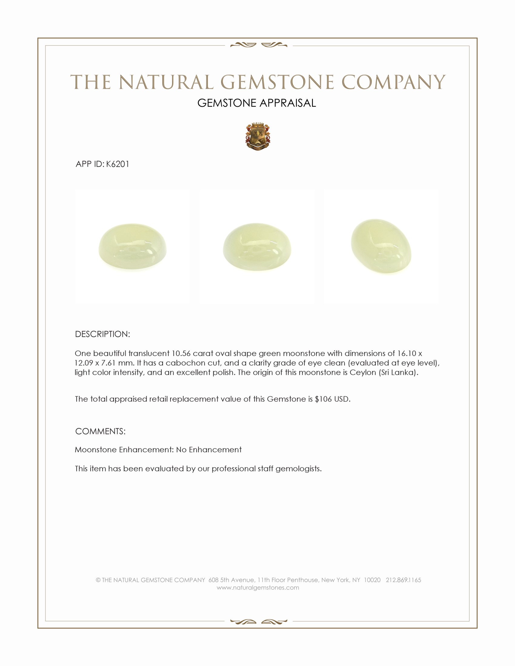 10.56 Ct. Green Cabochon Moonstone from Ceylon (Sri Lanka)