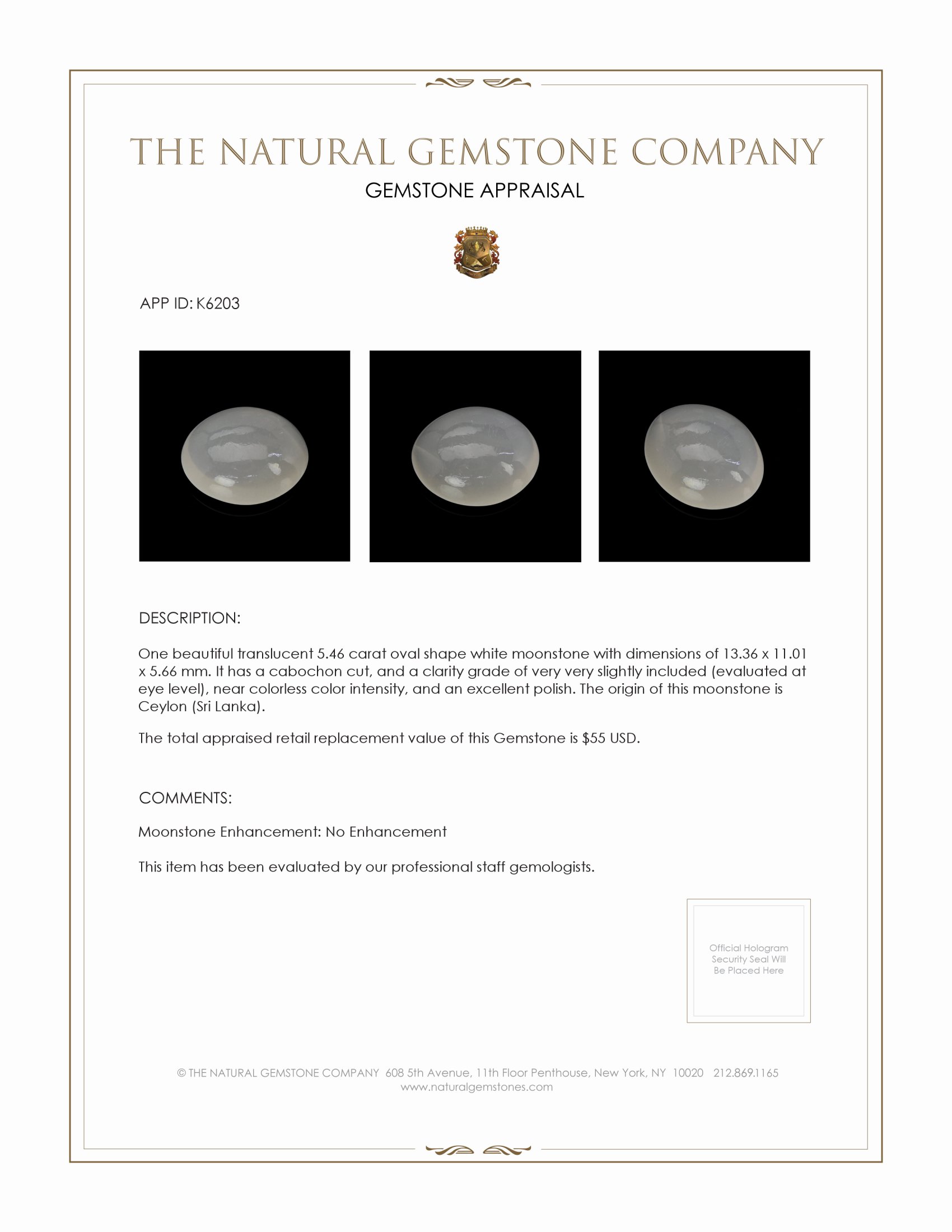 5.46 Ct. Cabochon Moonstone from Ceylon (Sri Lanka)