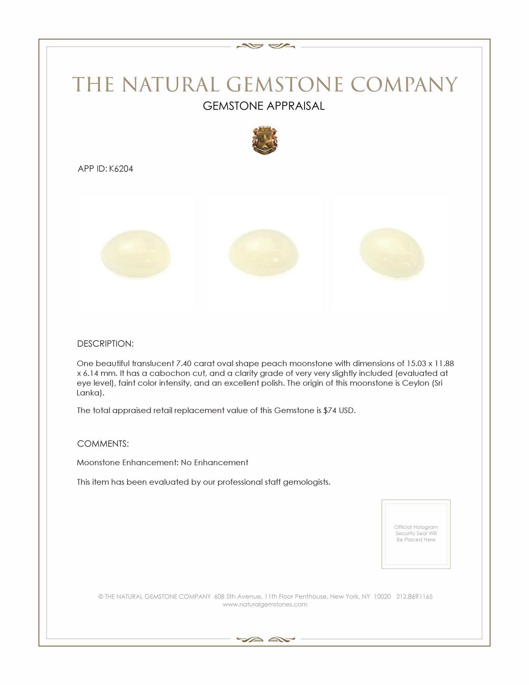 7.40 Ct. Cabochon Moonstone from Ceylon (Sri Lanka)