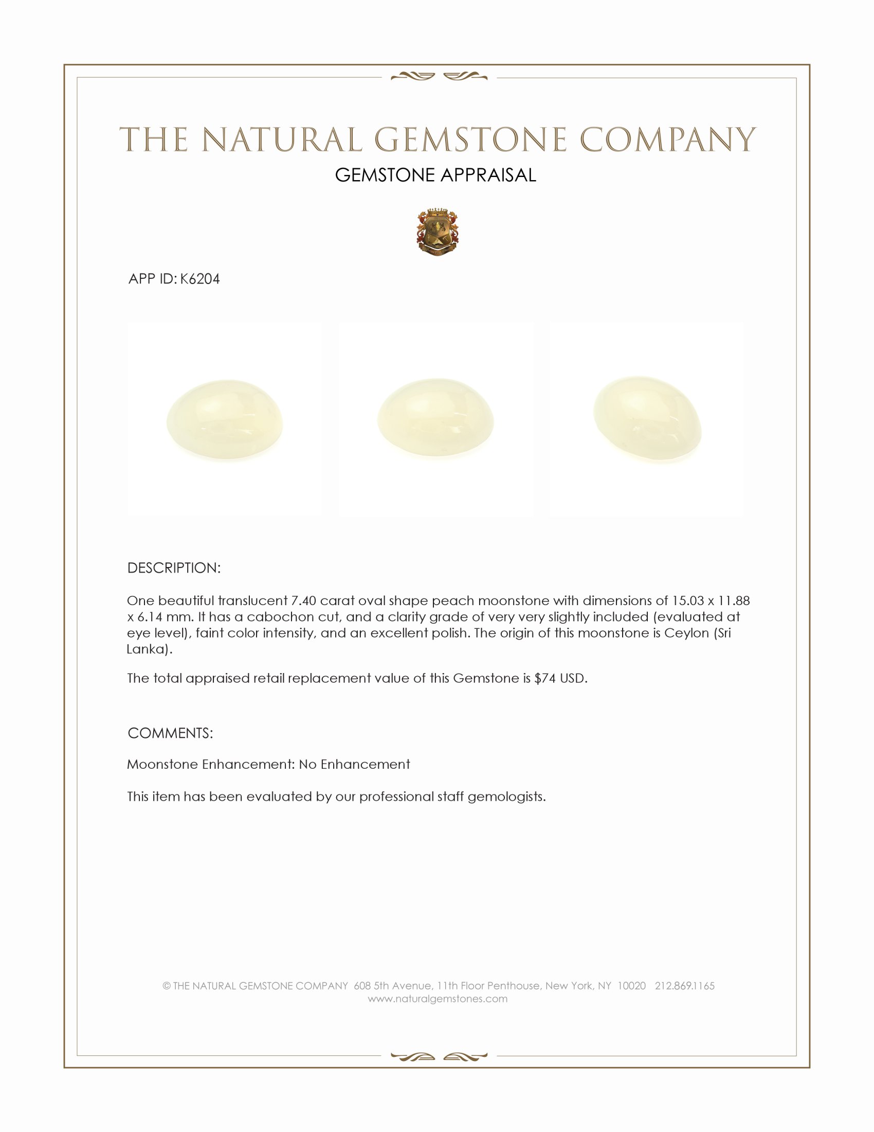 7.40 Ct. Cabochon Moonstone from Ceylon (Sri Lanka)