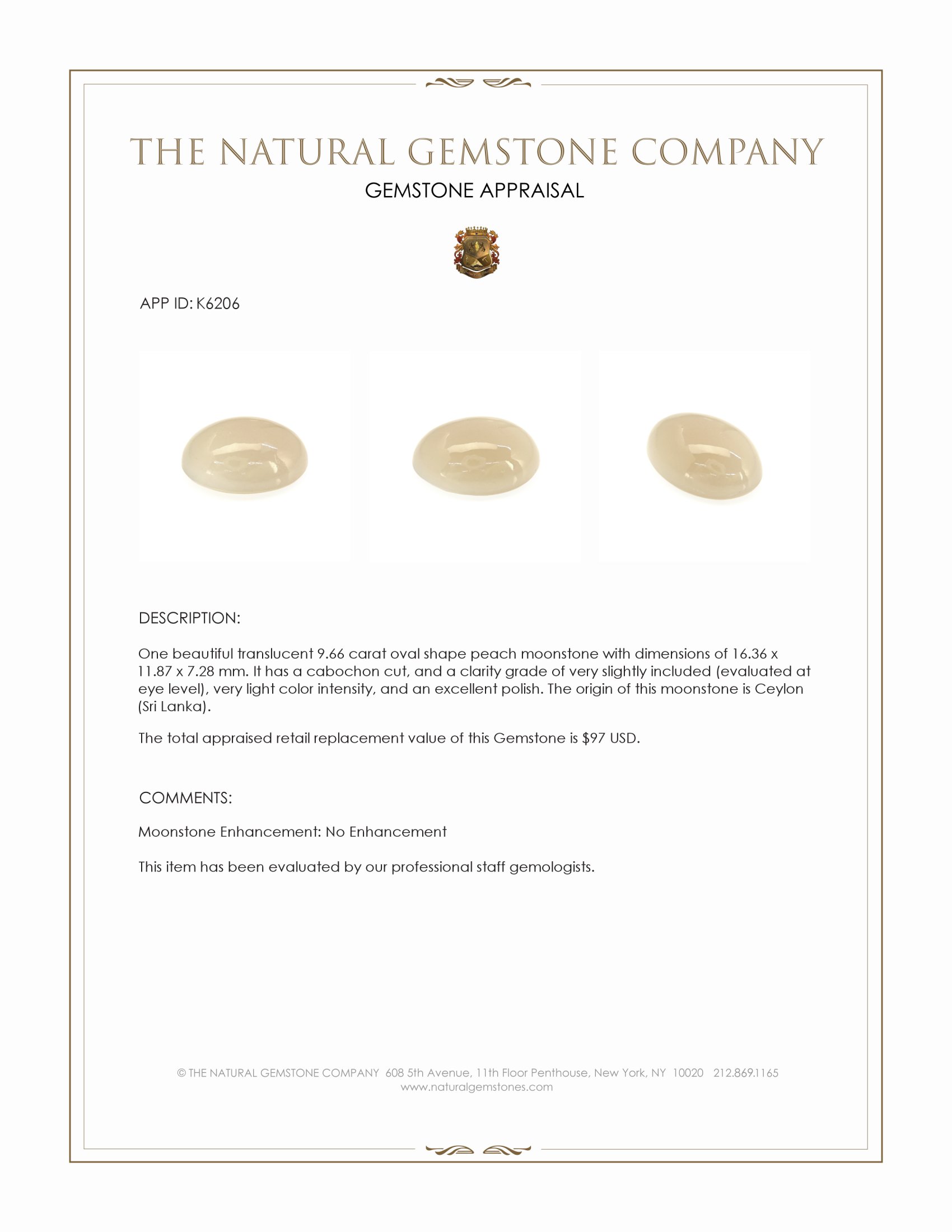 9.66 Ct. Cabochon Moonstone from Ceylon (Sri Lanka)